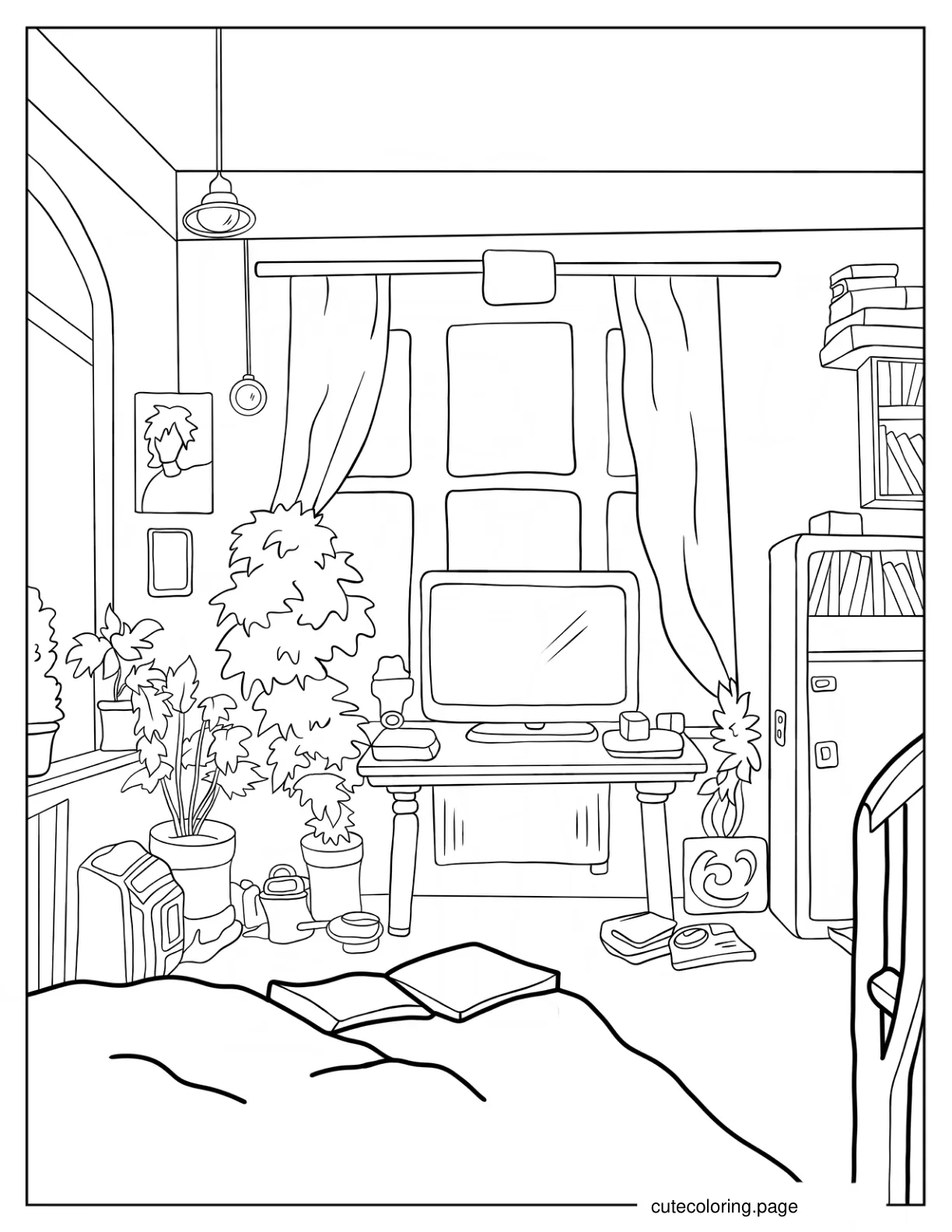 Cozy Work Area With Computer And Plants Coloring Page coloring page