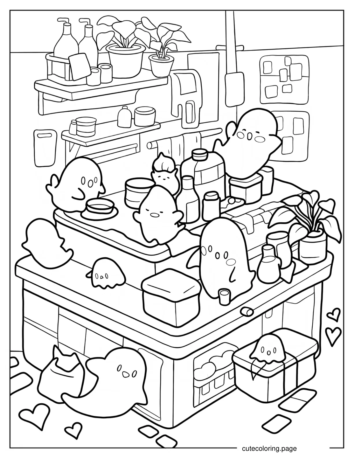 Cute Ghosts Playing In Cozy Laundry Room coloring page