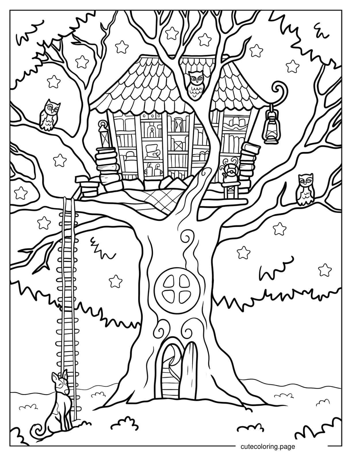 Detailed Cozy Tree House With Owls And Books coloring page