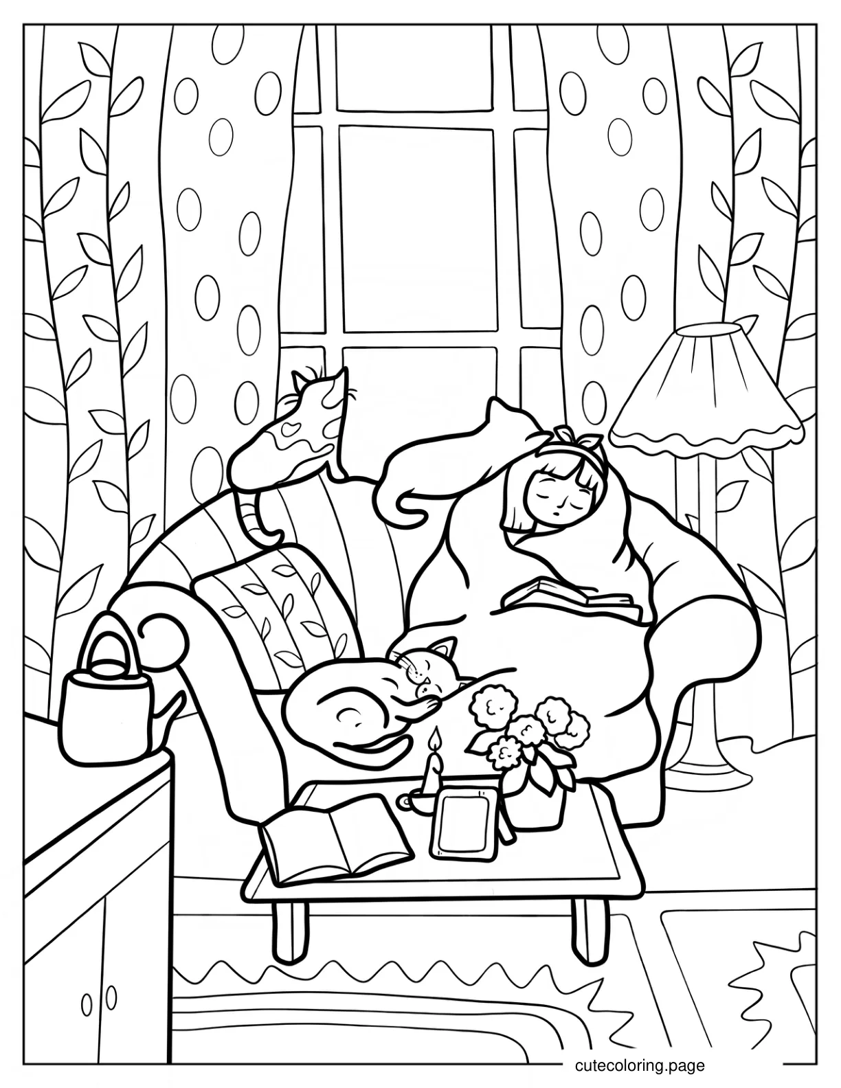 Girl And Cats Sleeping In Cozy Living Room Coloring Page coloring page