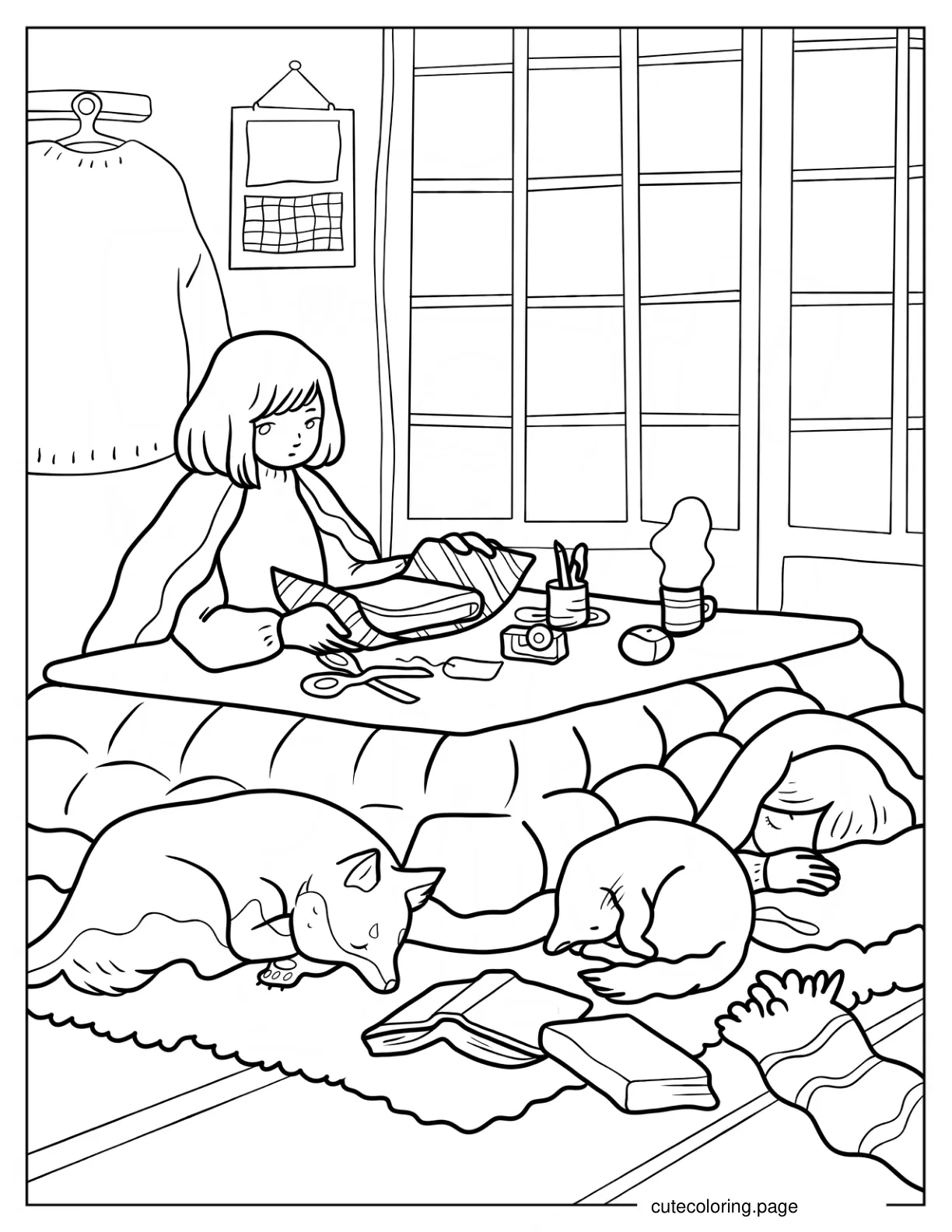 Girl And Pets Sleeping Under A Kotatsu Cozy Coloring Page coloring page