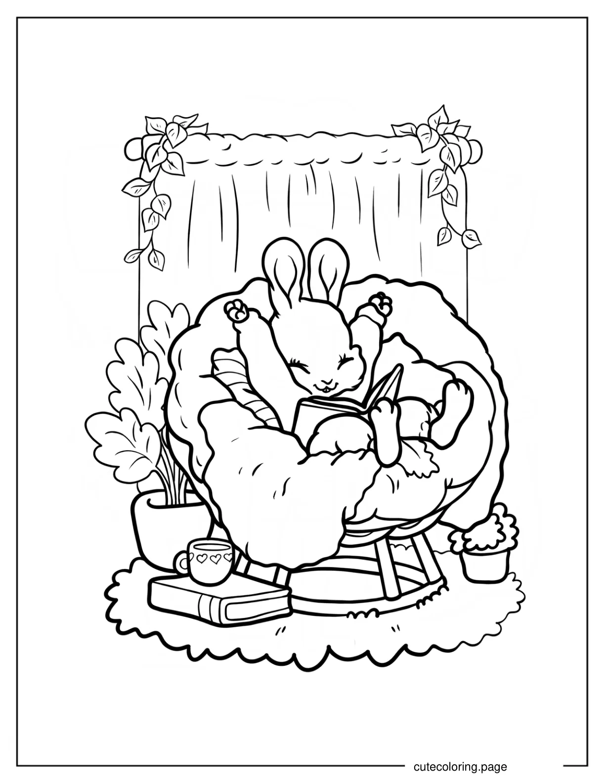 Kawaii Rabbit Reading In Cozy Chair Coloring Page coloring page