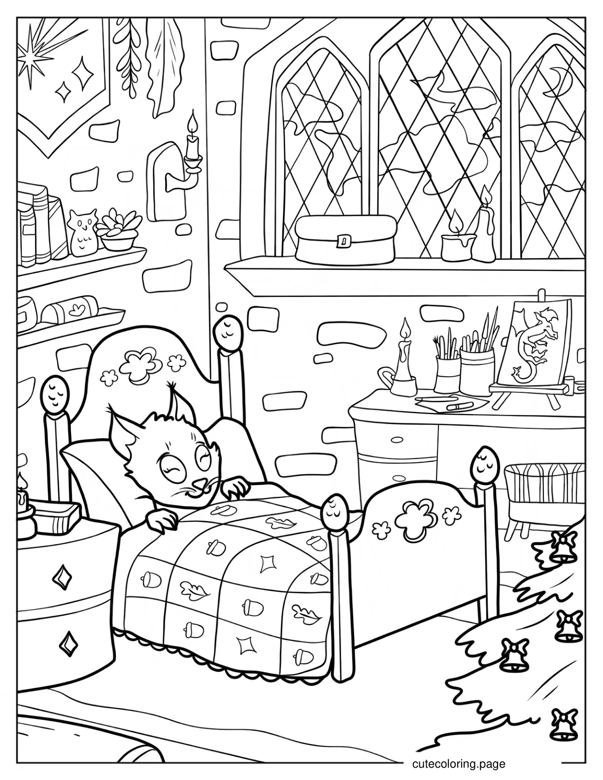 Kawaii Wolf Sleeping In Cozy Bedroom Coloring Sheet For Kids coloring page