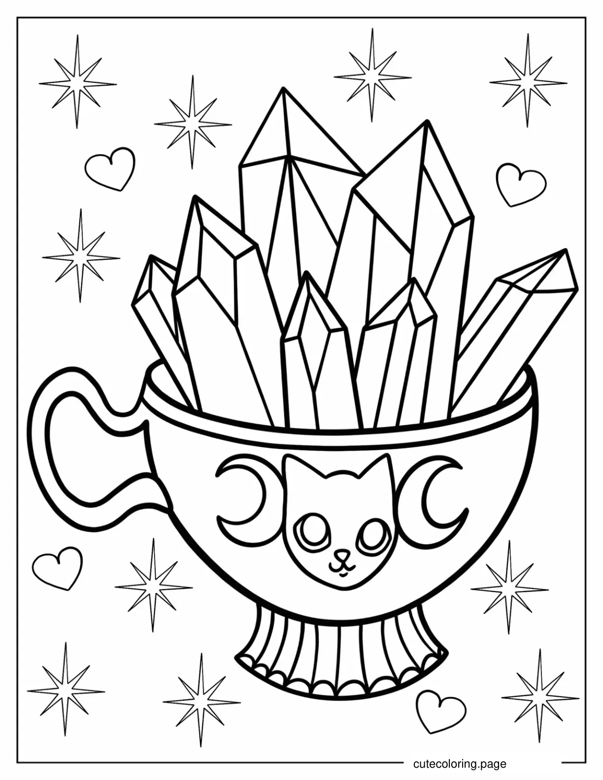 Crystals In Cute Cup With Cat And Moon Design coloring page