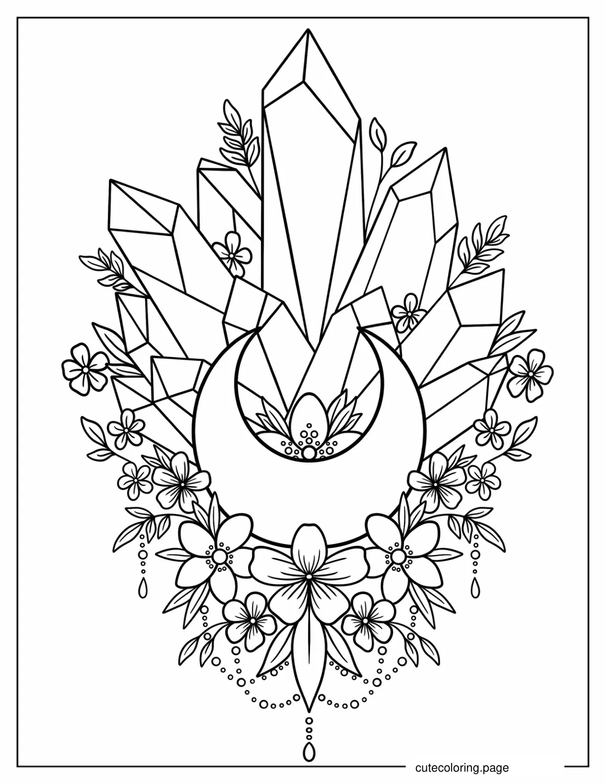 Crystals With Crescent Moon And Flowers Coloring Sheet coloring page