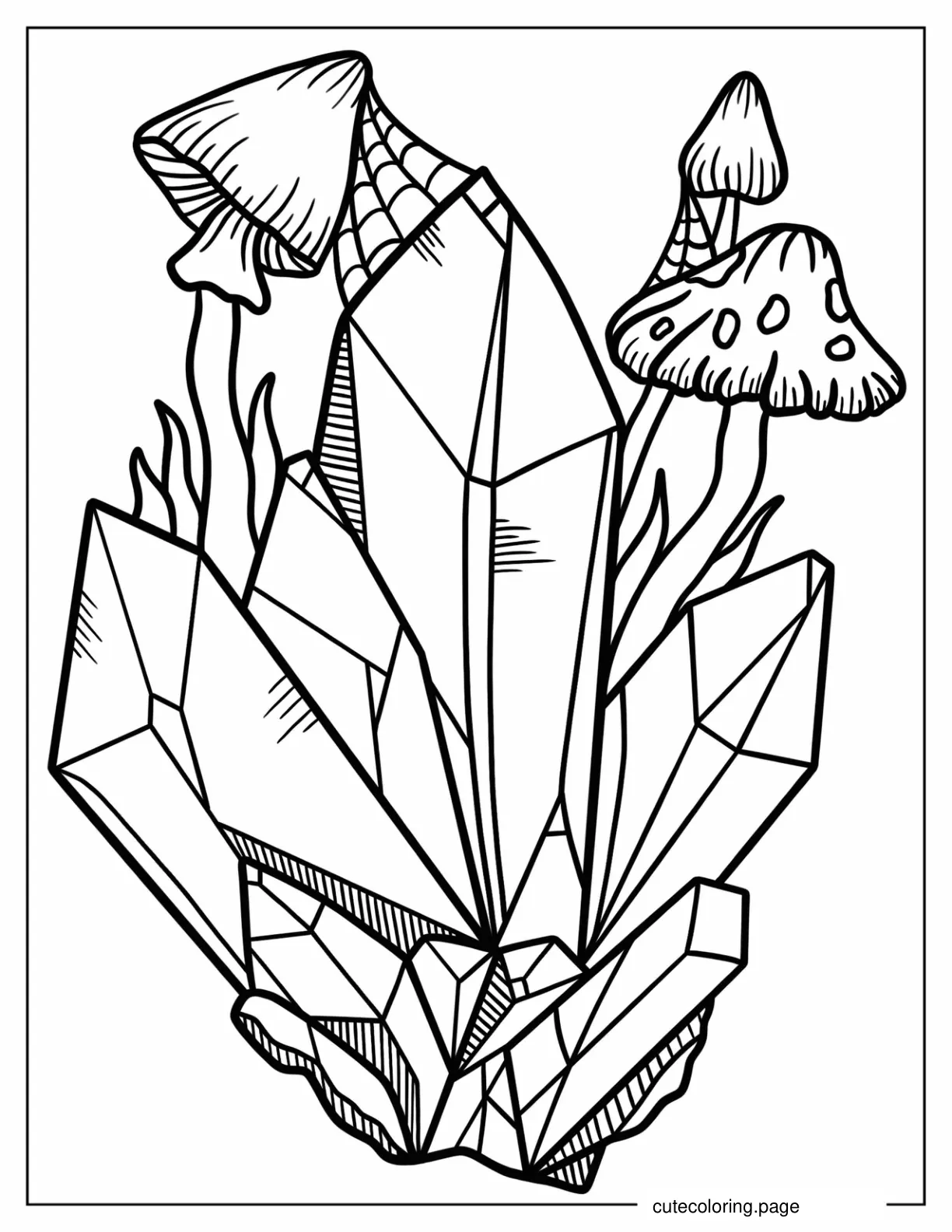 Detailed Crystals With Mushrooms In Background coloring page