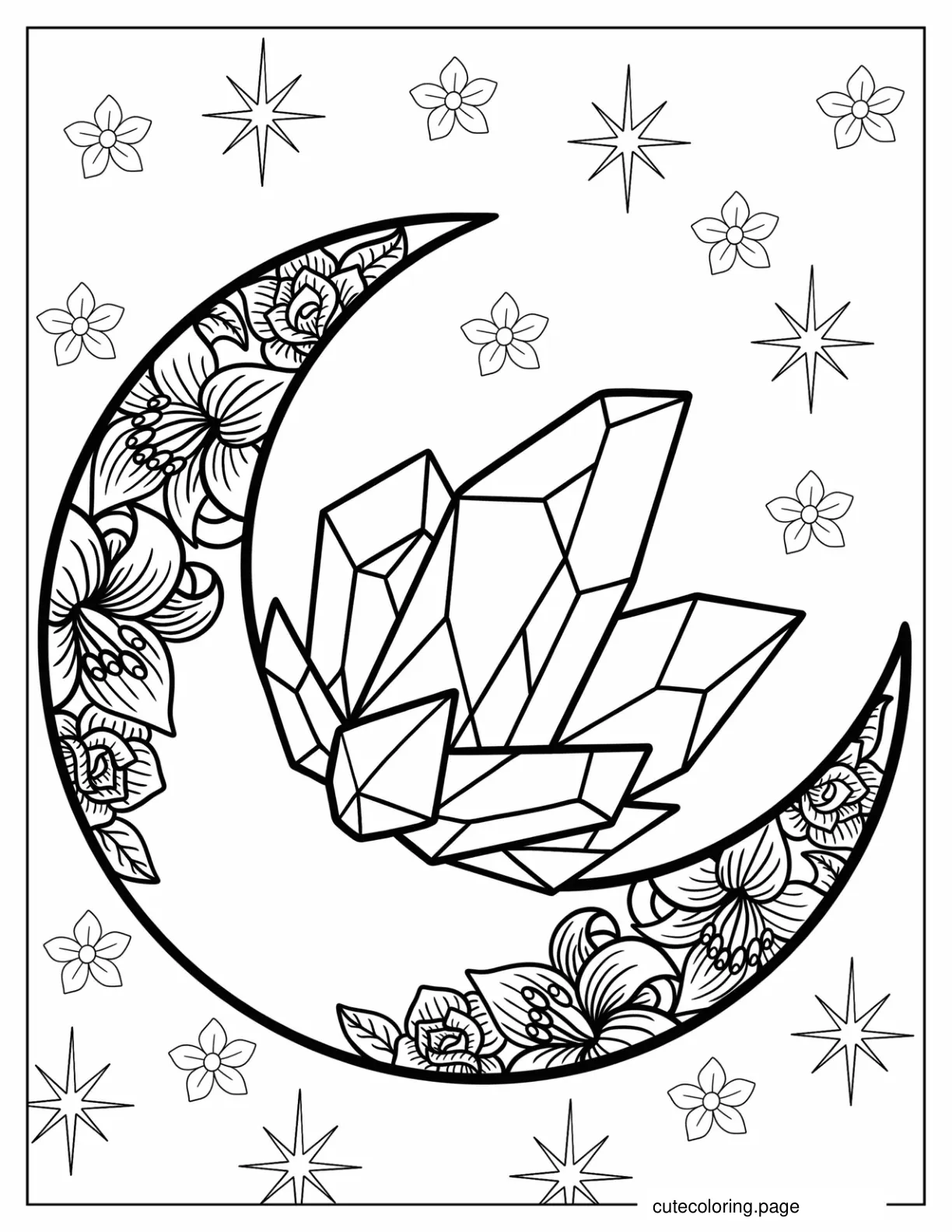 Floral Crescent Moon With Crystals In The Middle Coloring Page coloring page