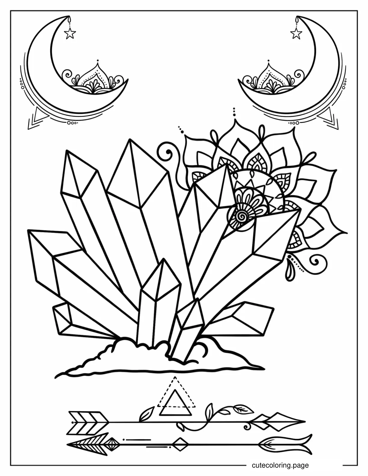 Large Crystals With Mandala And Crescent Moons coloring page