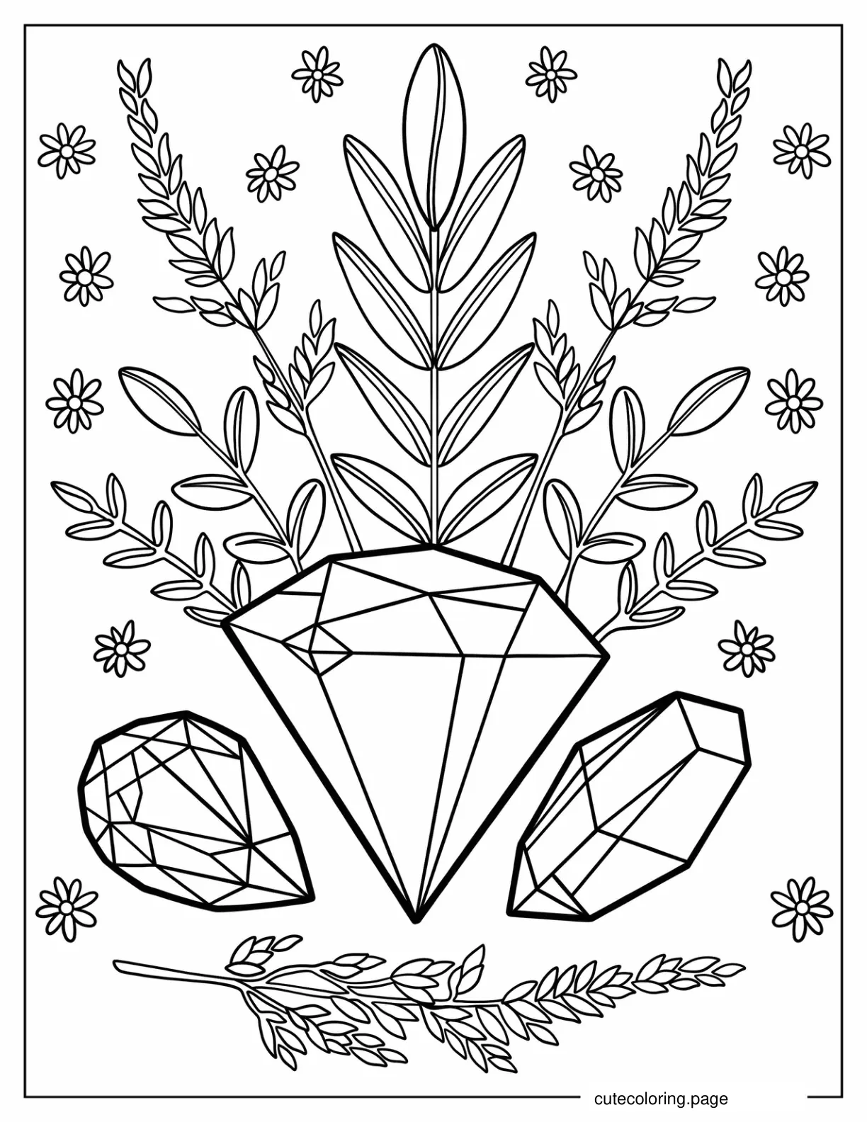 Three Different Cuts Of Crystals With Leaves Coloring Page coloring page