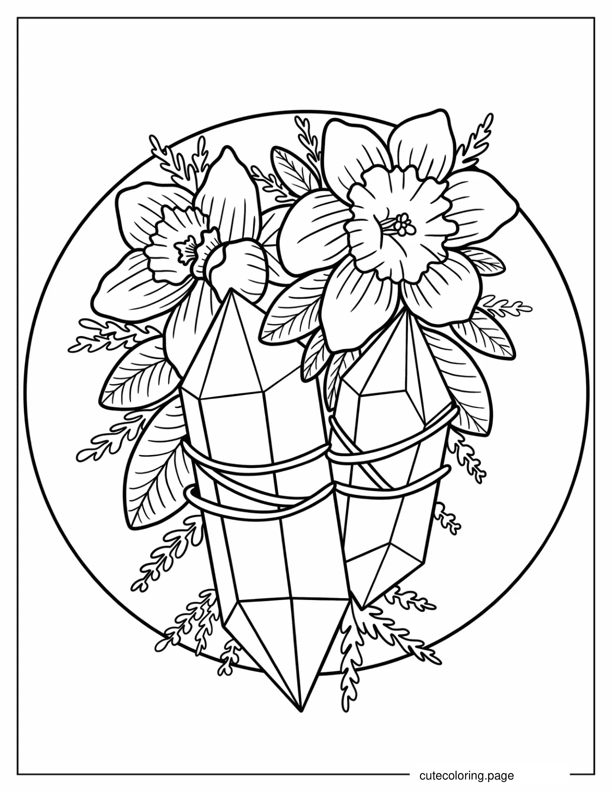 Two Crystals Wrapped In Vines With Flowers On Top coloring page