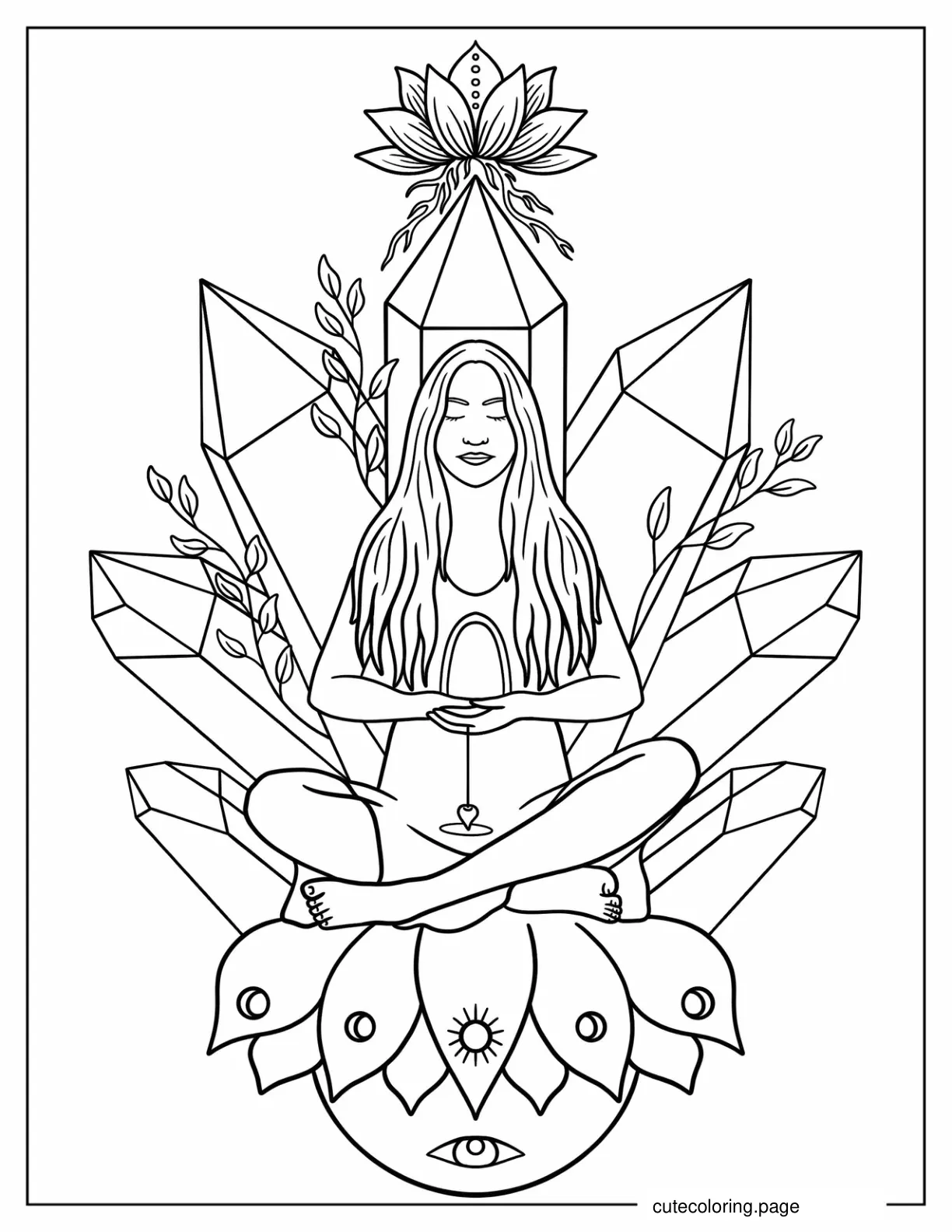 Woman Meditating On Chair With Crystal Backrest Coloring Sheet coloring page