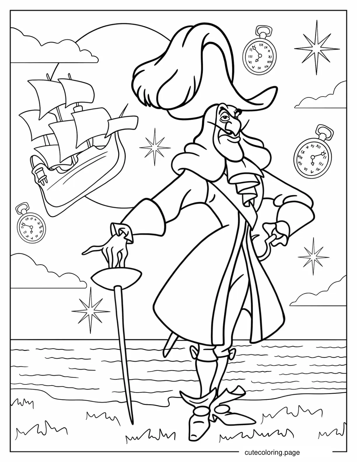 Captain Hook With Flying Ship In Background Coloring Page coloring page