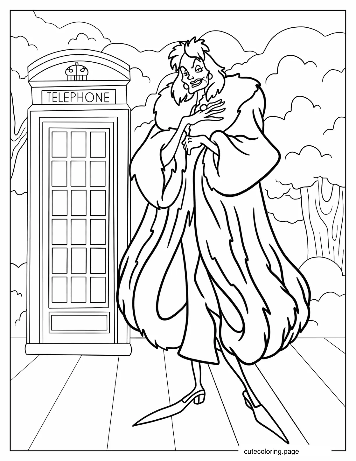 Cruella De Vil Outside Of Telephone Booth Disney Villain coloring page