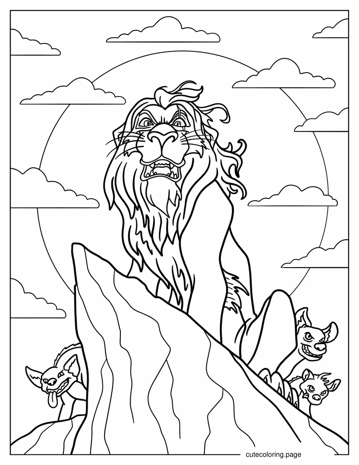 Scar On Cliff With Hyenas Coloring Sheet coloring page