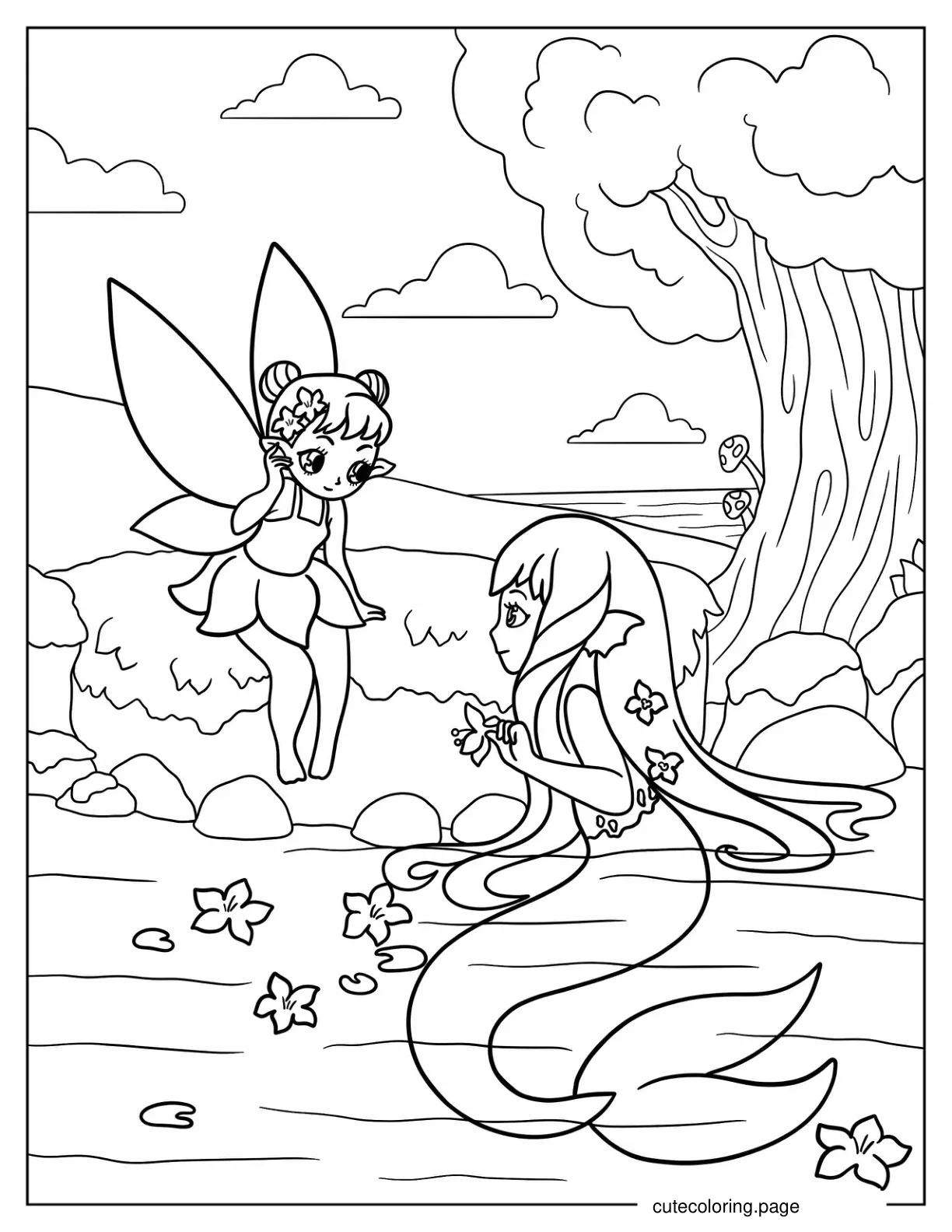 Fairy And Mermaid Talking In Enchanted Forest coloring page