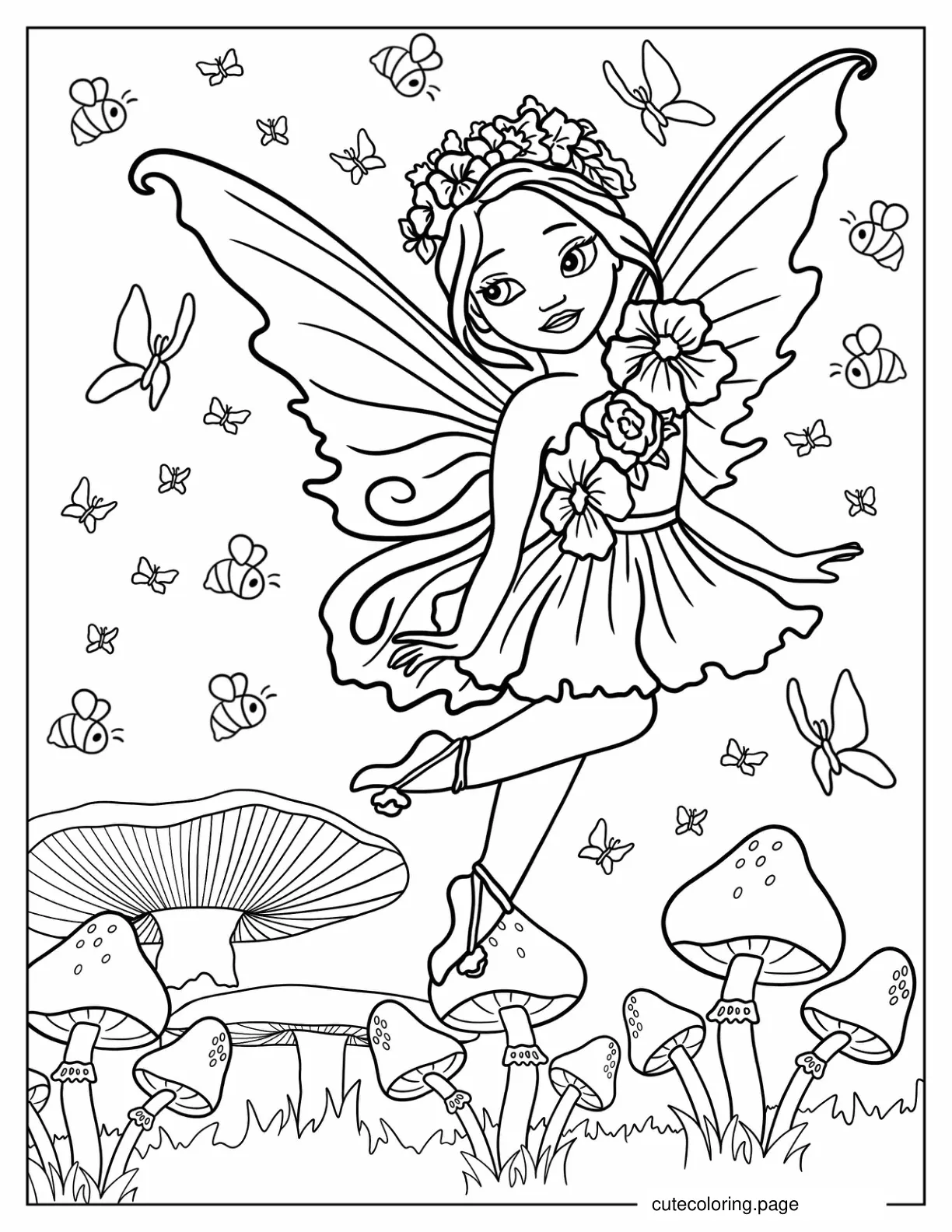 Fairy Flying With Bees And Butterflies coloring page