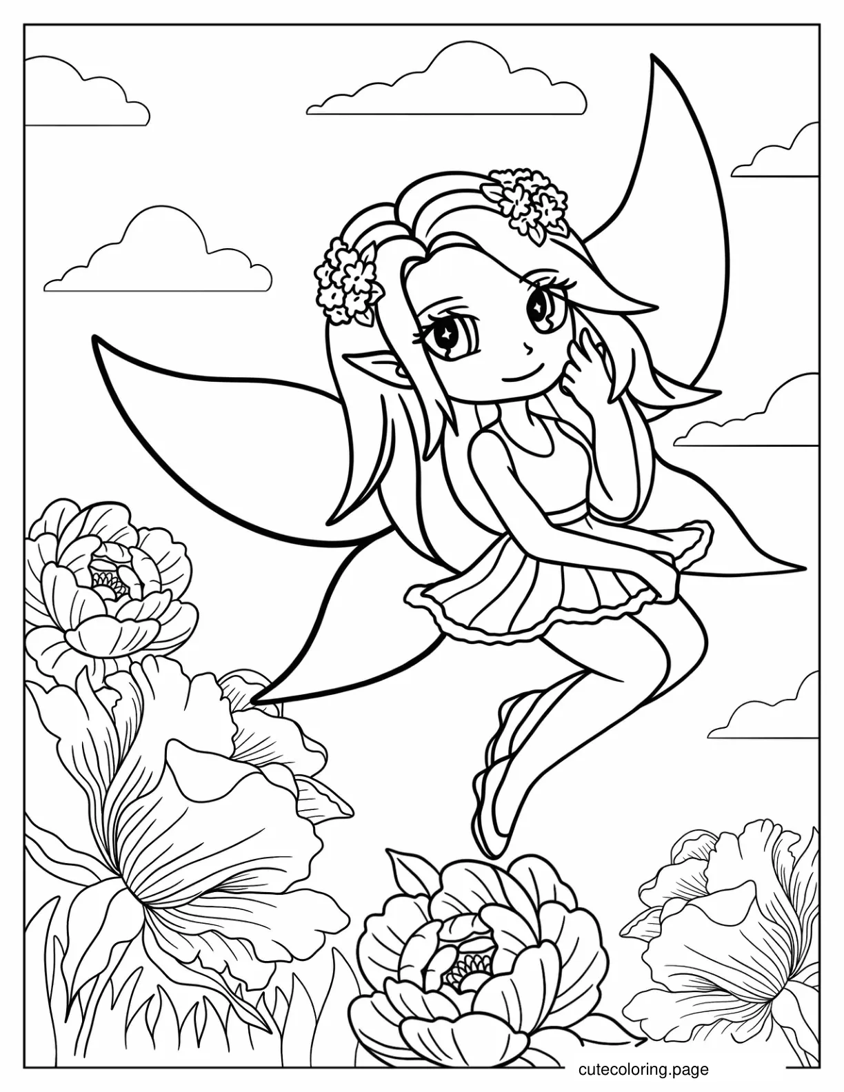 Fairy Hovering Above Flowers Coloring Page coloring page