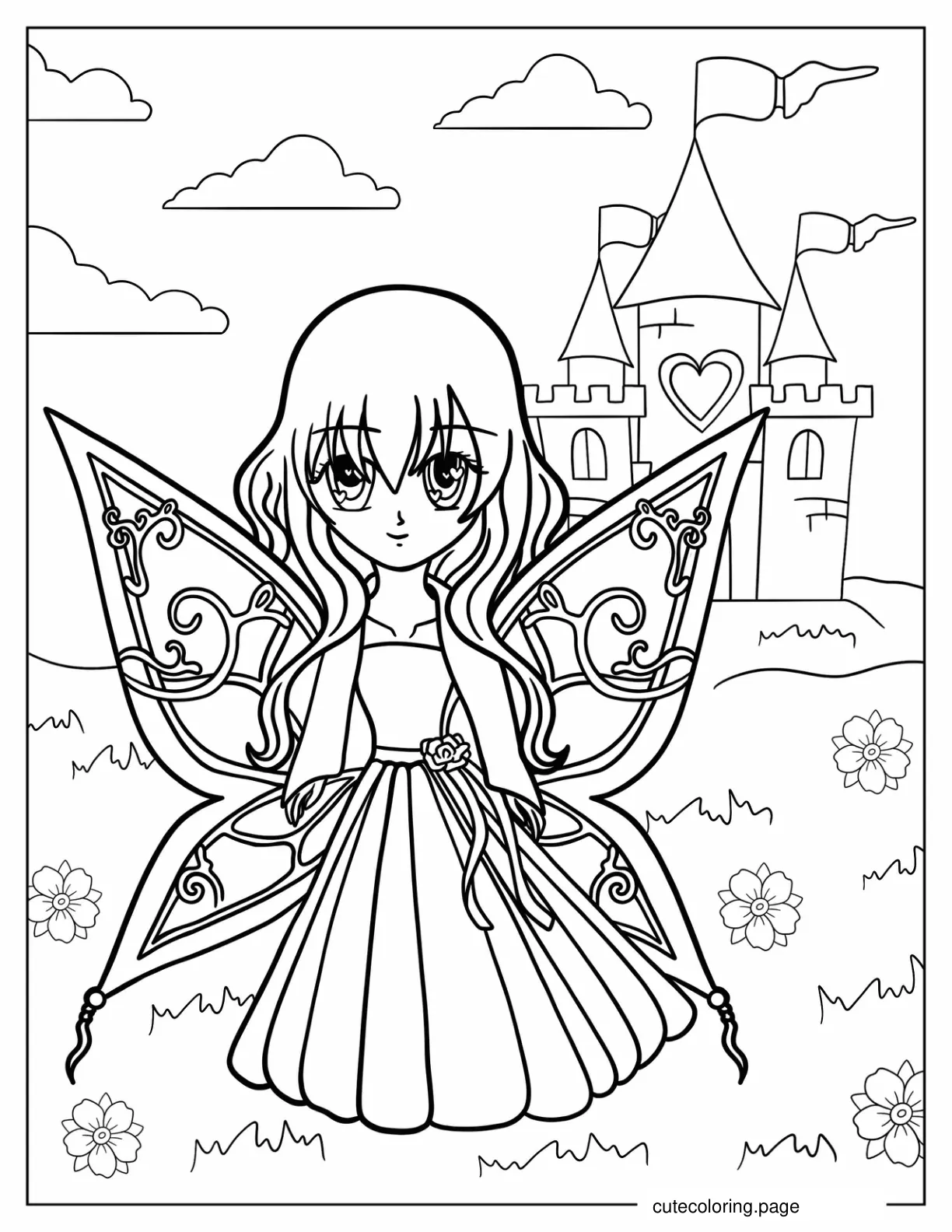 Fairy Princess Standing In Front Of Castle Coloring Page coloring page