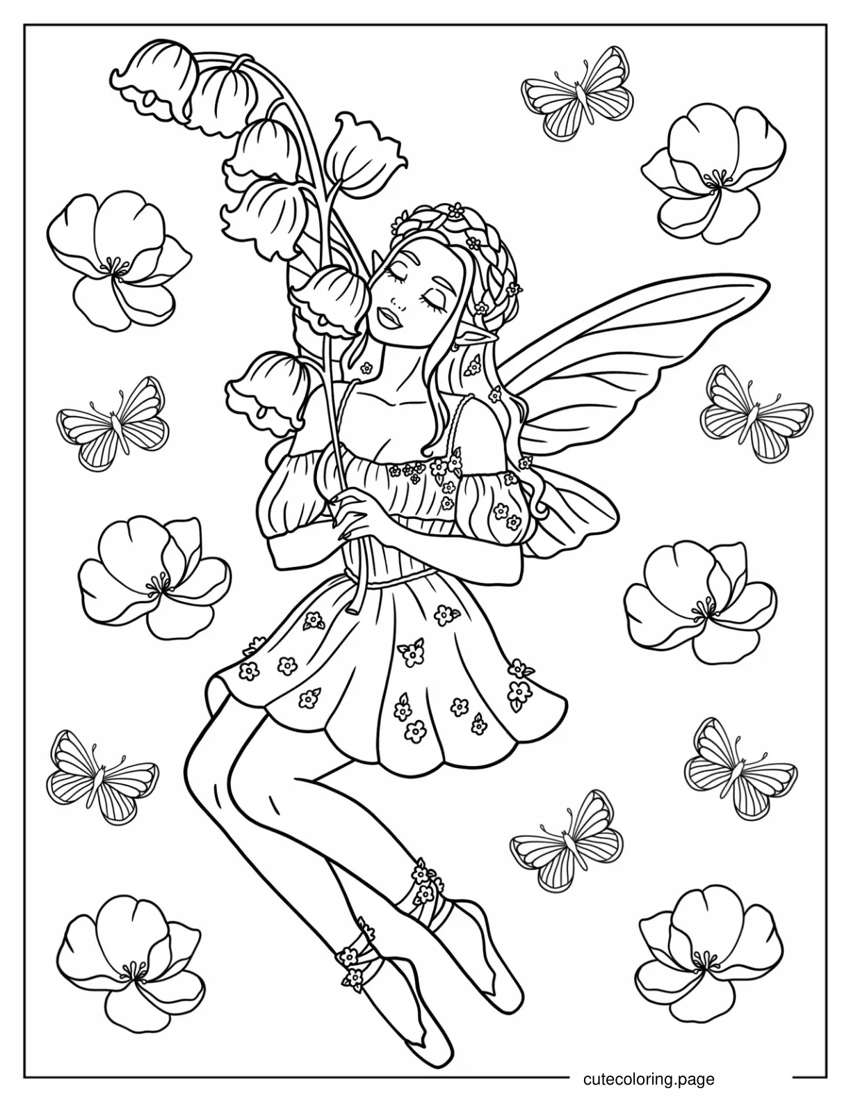 Fairy Smelling Flowers Coloring Page coloring page