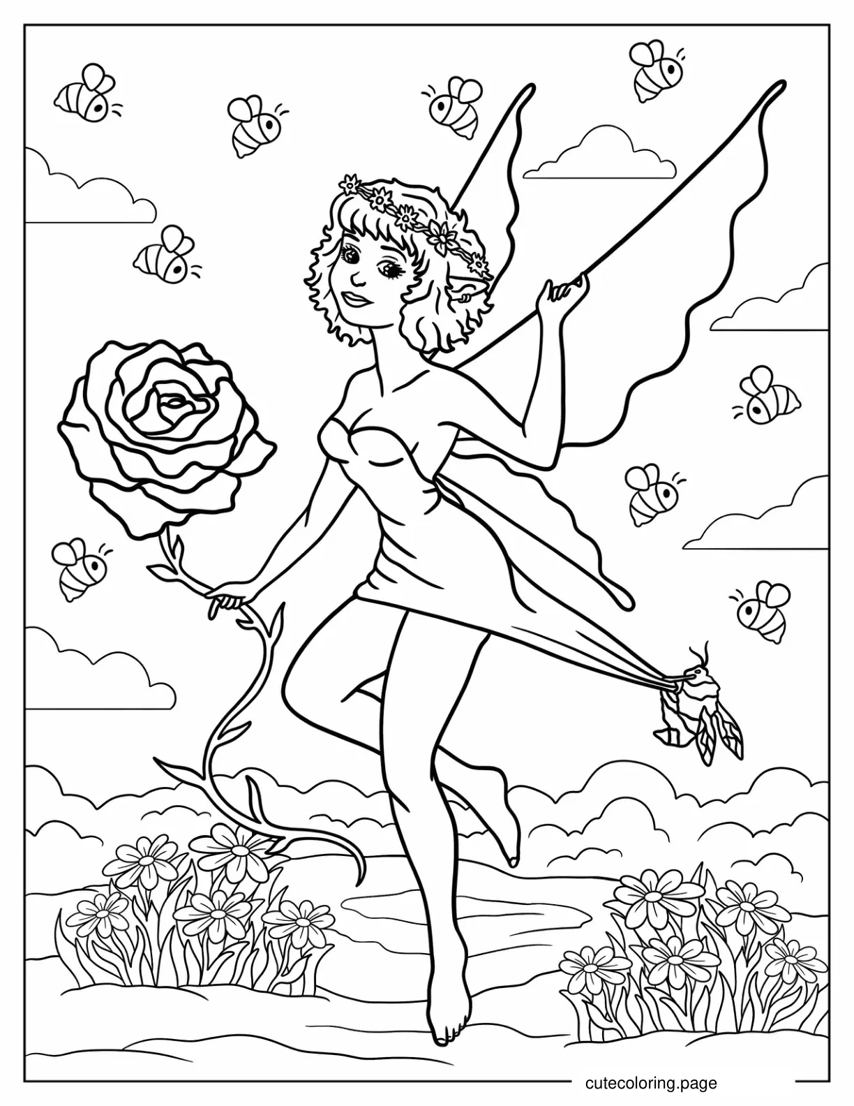 Fairy Stealing Rose From Bees coloring page