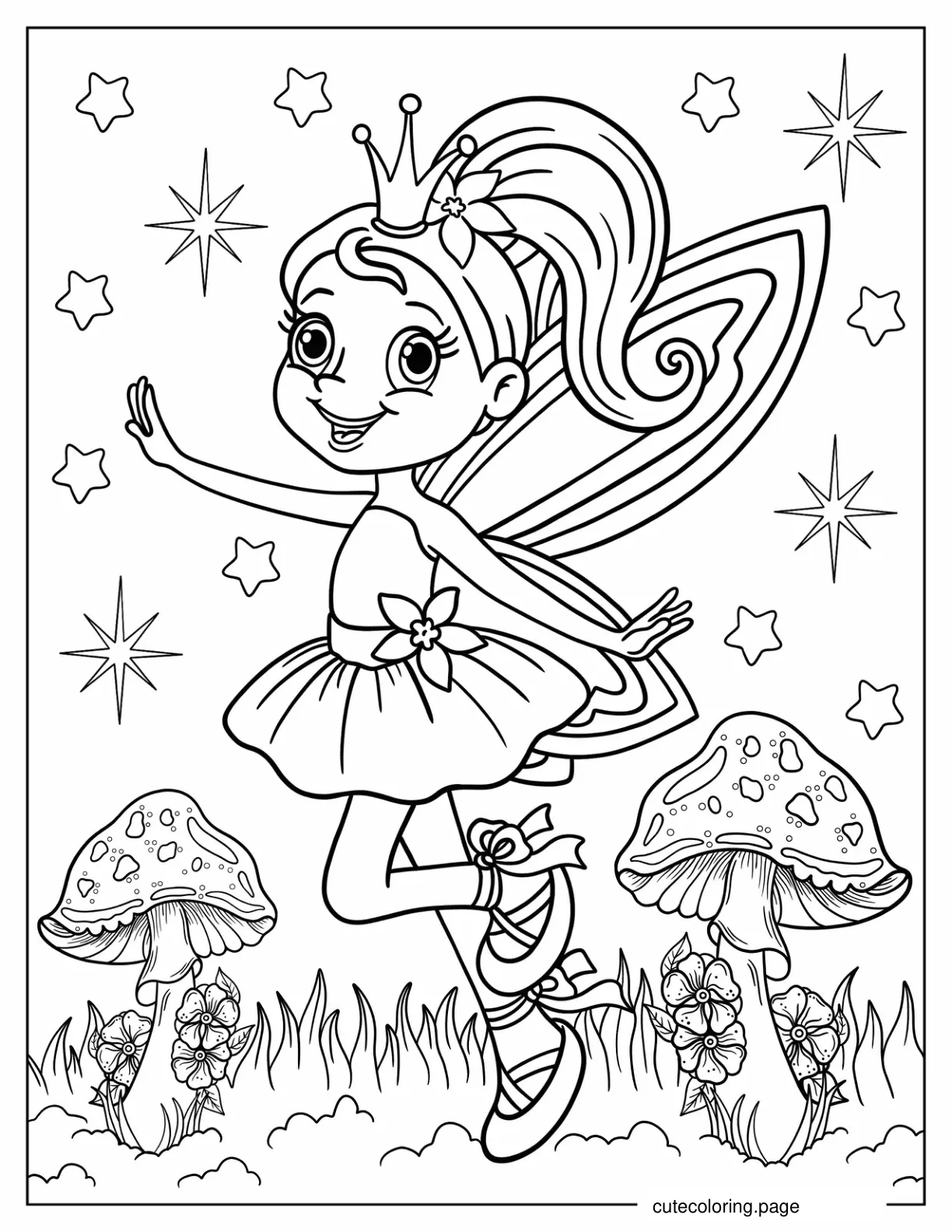 Happy Fairy Walking Among Mushrooms Coloring Sheet coloring page