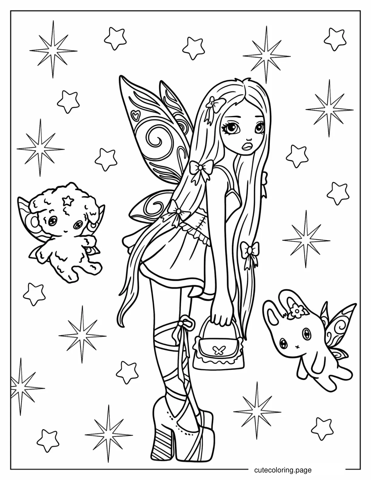 Pretty Fairy With Magical Friends coloring page