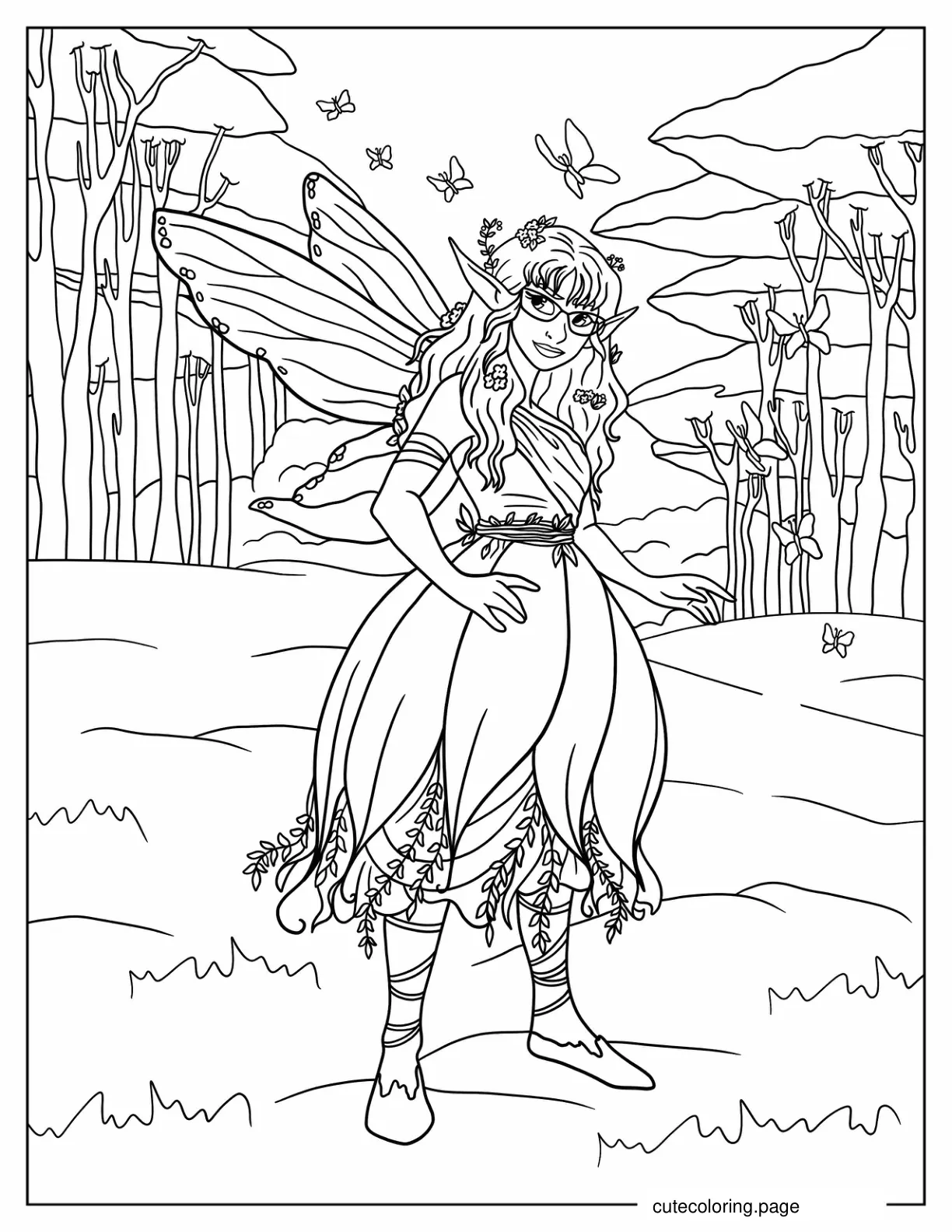 Woodland Fairy With Glasses Coloring Sheet coloring page