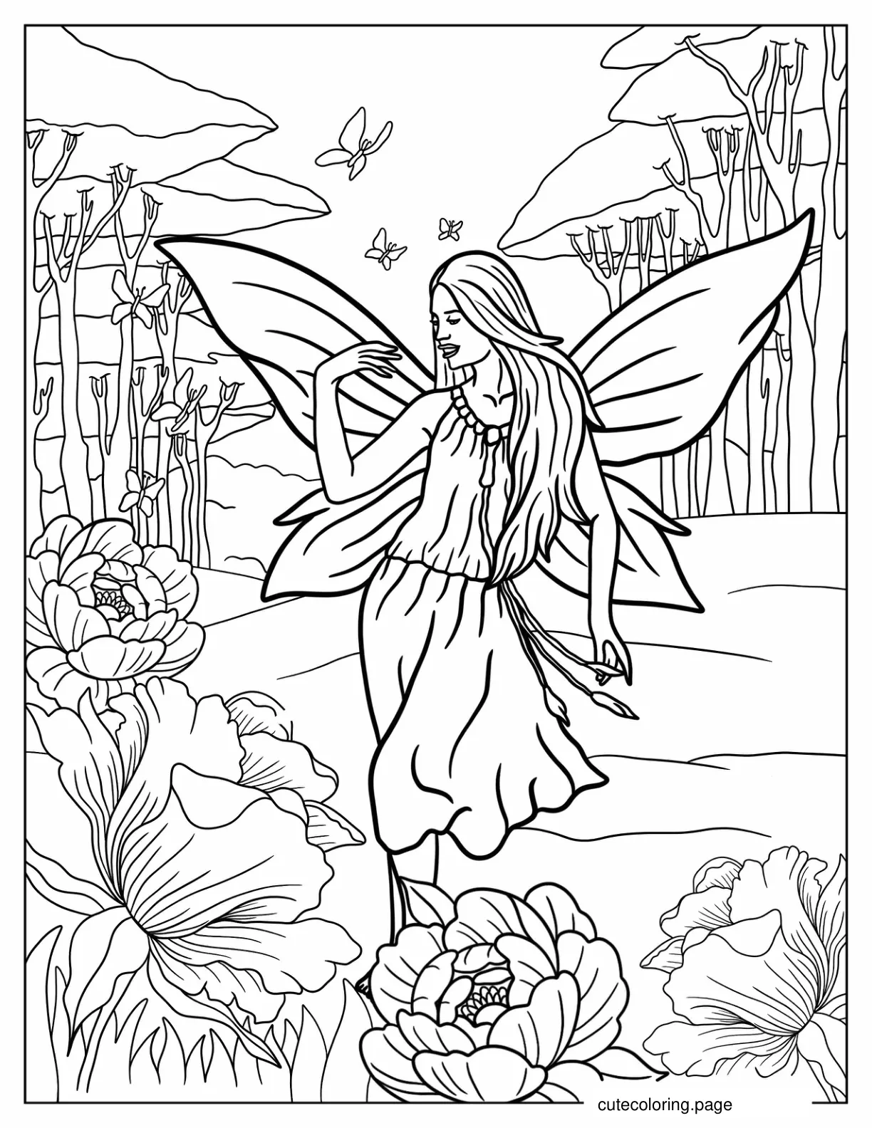 Beautiful Fairy In Fantasy Forest Coloring Page coloring page