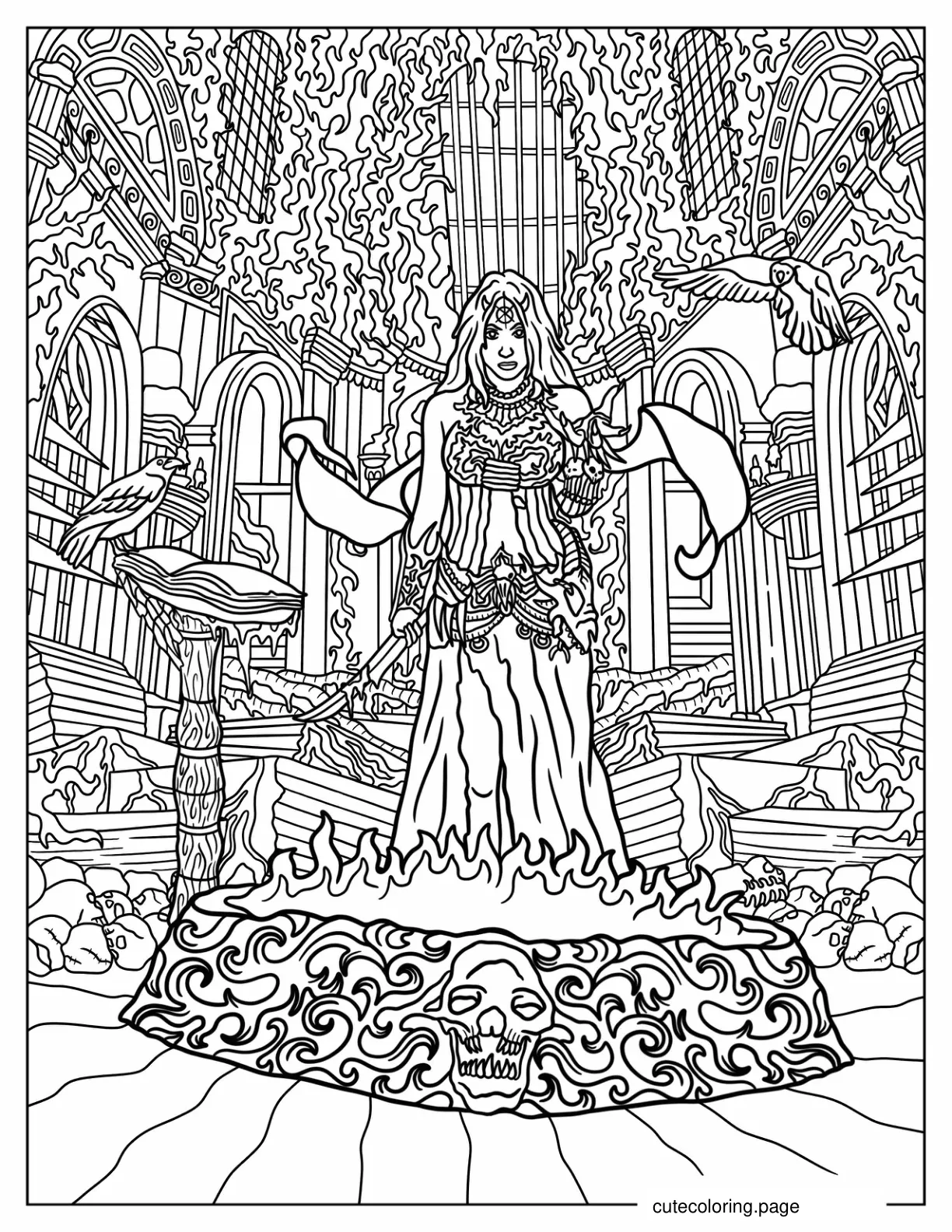 Dark Witch Using Magic Inside Castle With Crows Coloring Page coloring page