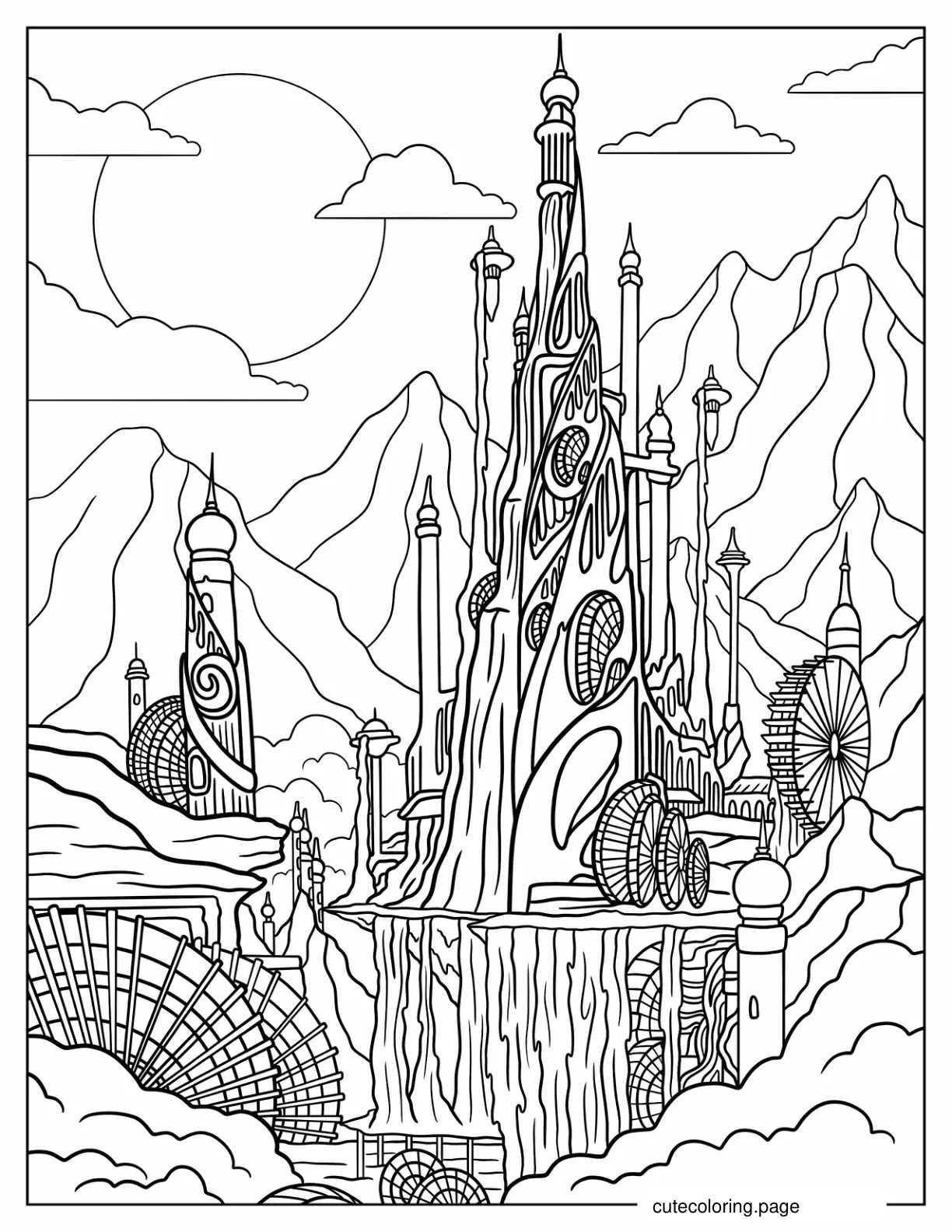 Detailed Fantasy Castle With Mountains Coloring Page coloring page