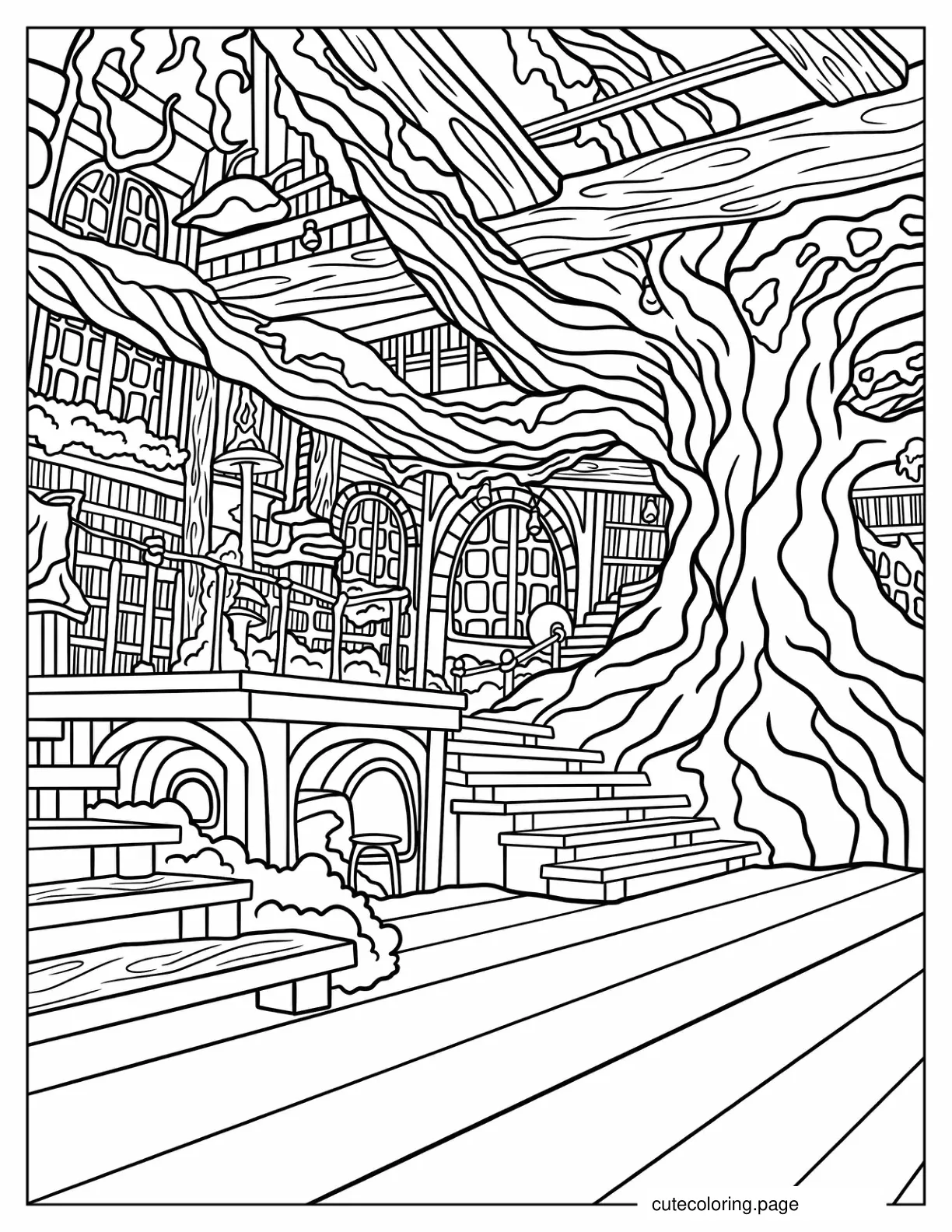 Detailed Fantasy City In Forest Coloring Page coloring page