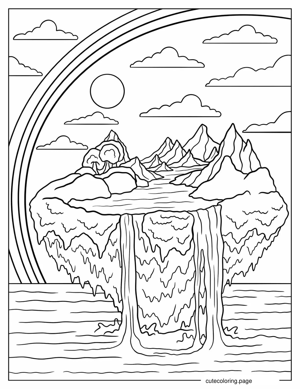 Easy Floating Island With Waterfalls Coloring Page For Kids coloring page