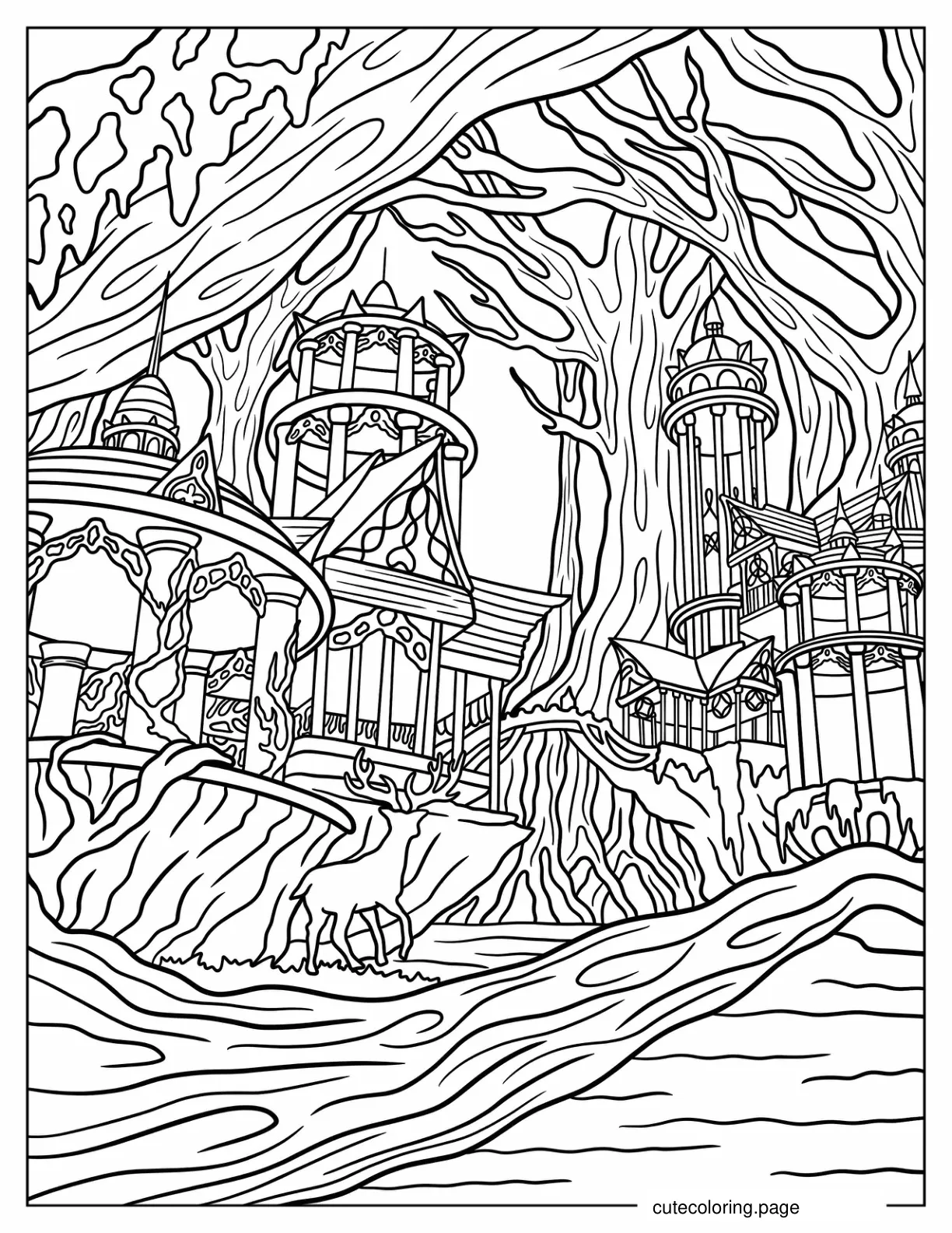 Elf City In Forest With Magical Deer Coloring Sheet coloring page