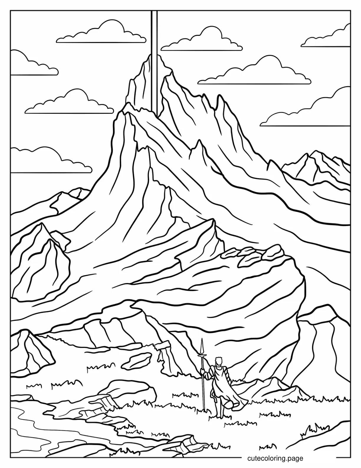 Fantasy Knight Standing In Front Of Magical Mountain coloring page