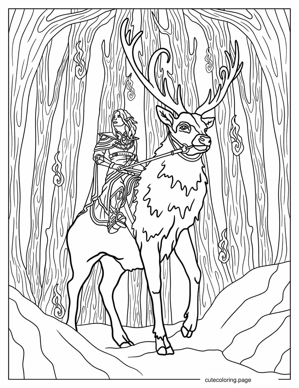 Female Elf Warrior Riding Deer In Magic Forest coloring page