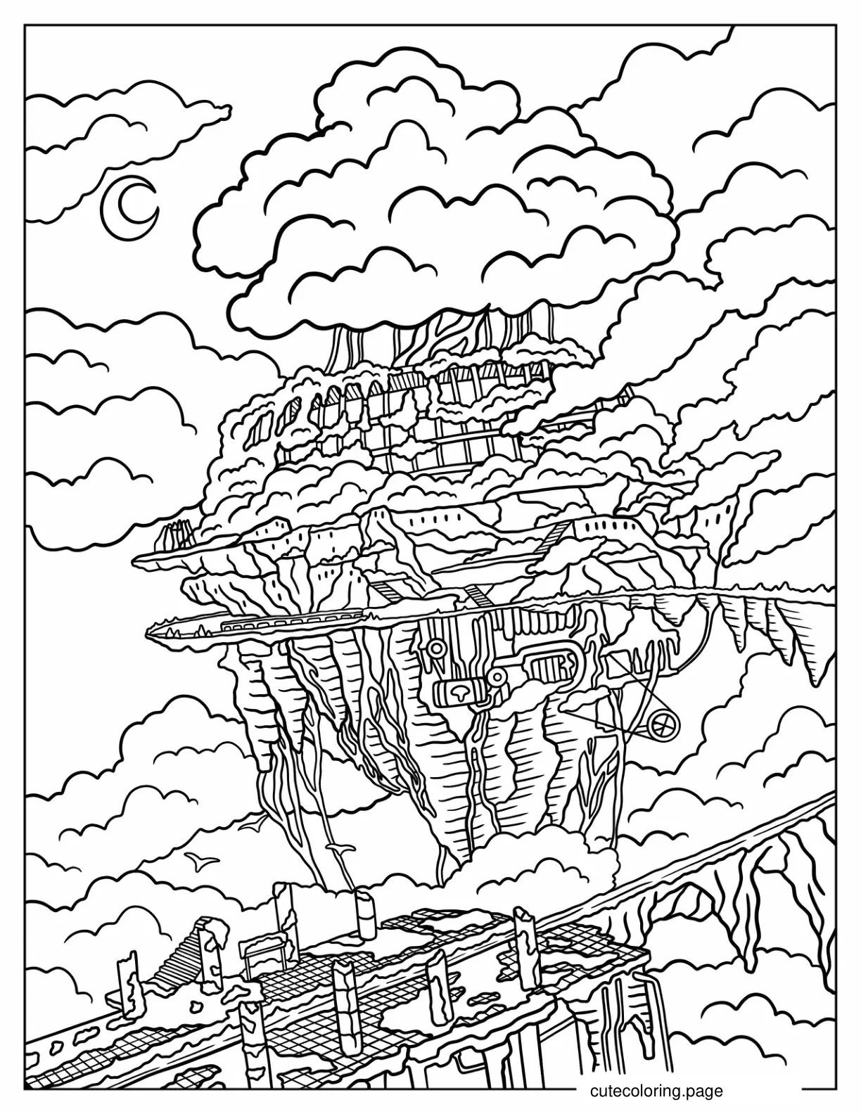 Floating City In Fantasy World Coloring Page coloring page