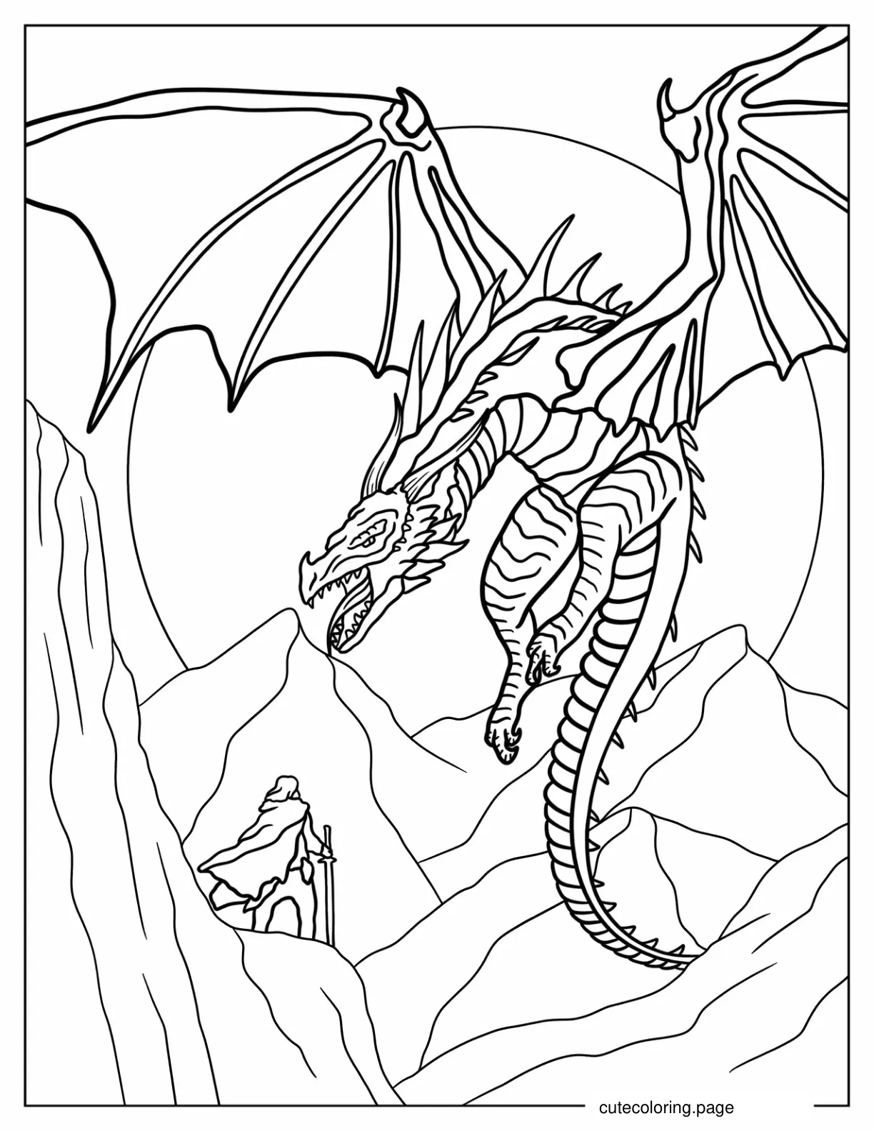 Knight Fighting Dragon In Mountains coloring page