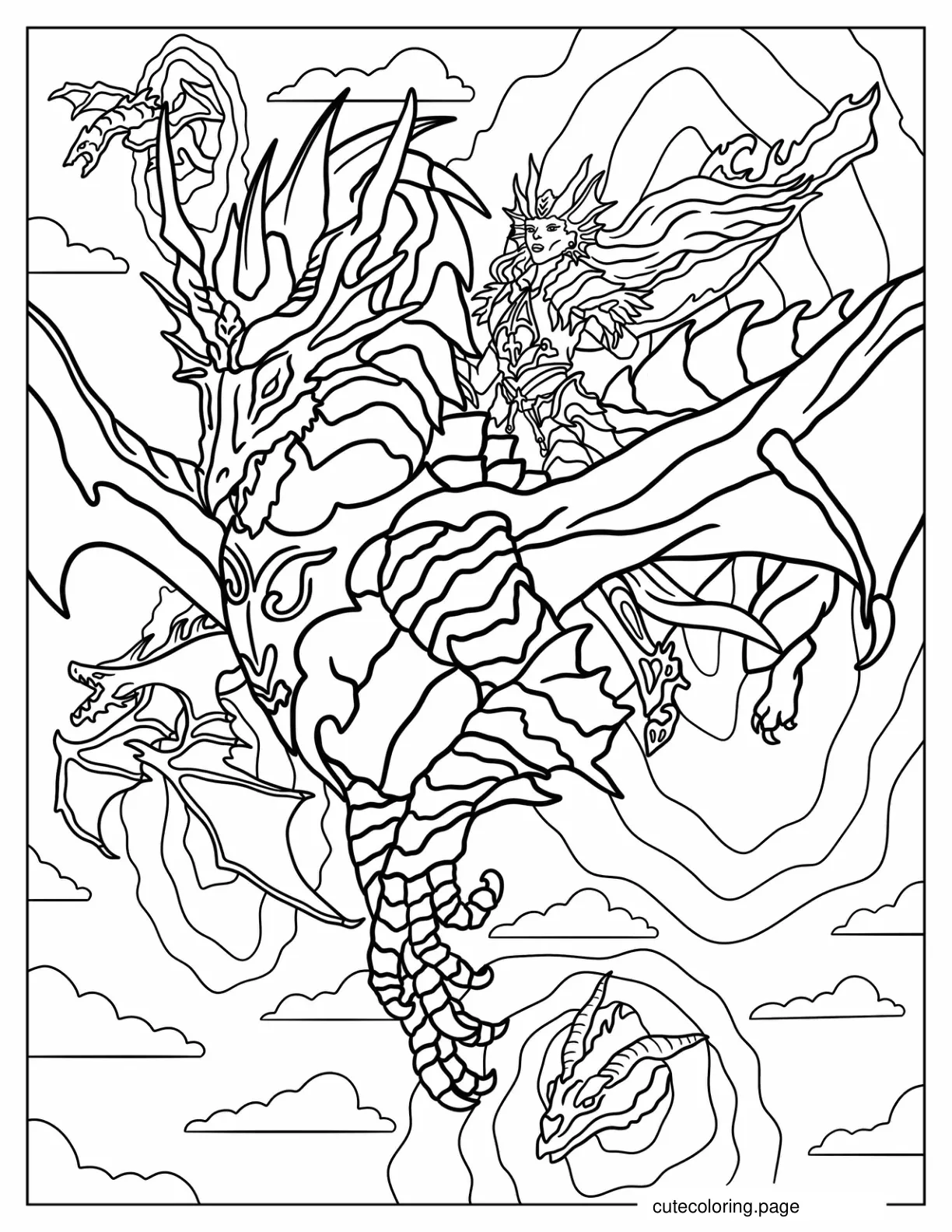 Magical Woman Riding Dragon In Fantasy World coloring page