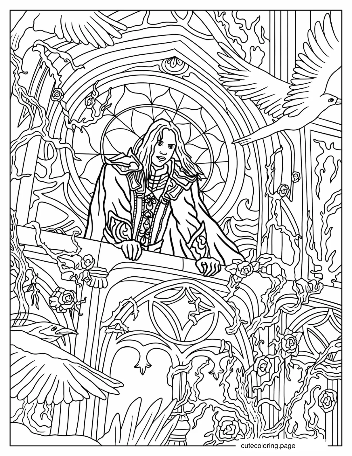 Prince Looking Over Balcony Covered In Vines In Fantasy World coloring page