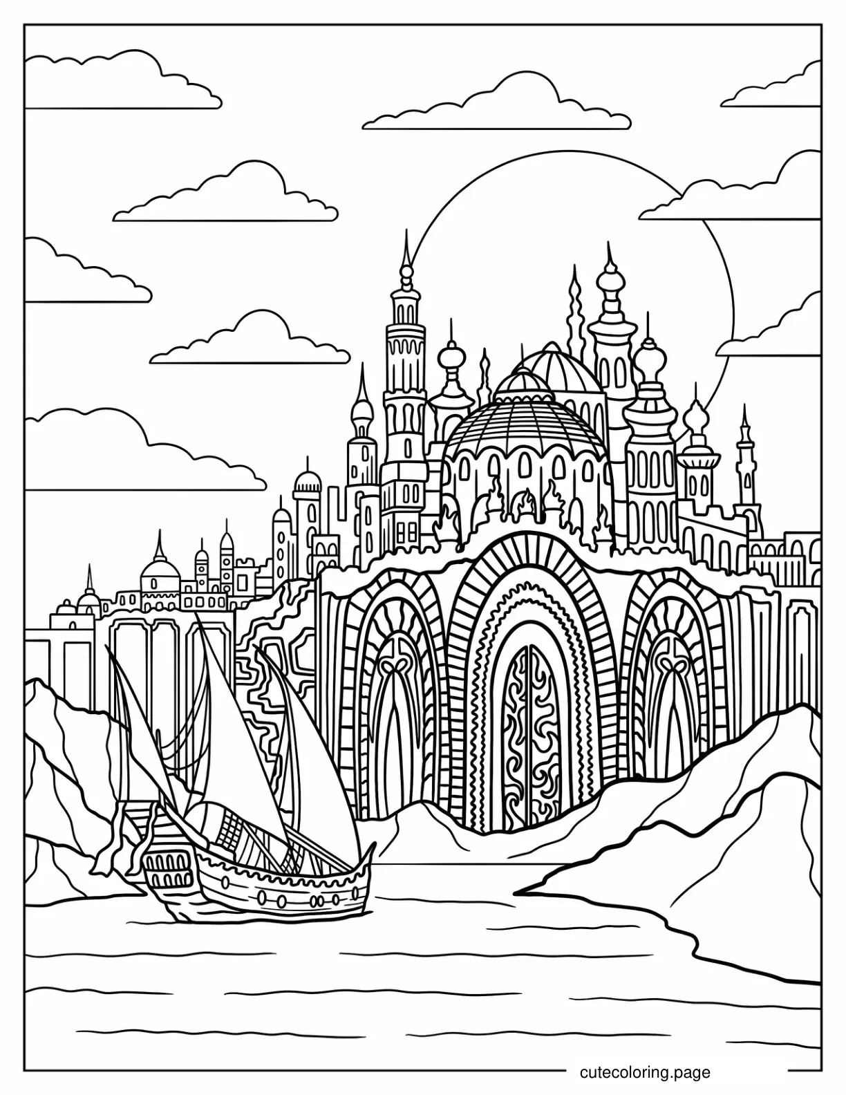 Ship Arriving In Fantasy Port City coloring page