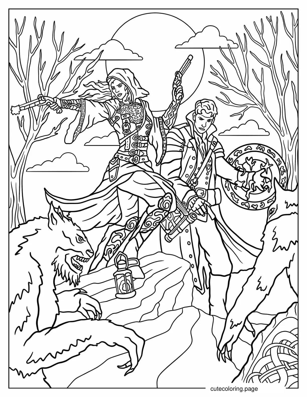 Sorcerers Fighting Werewolves In Dark Forest Coloring Sheet coloring page