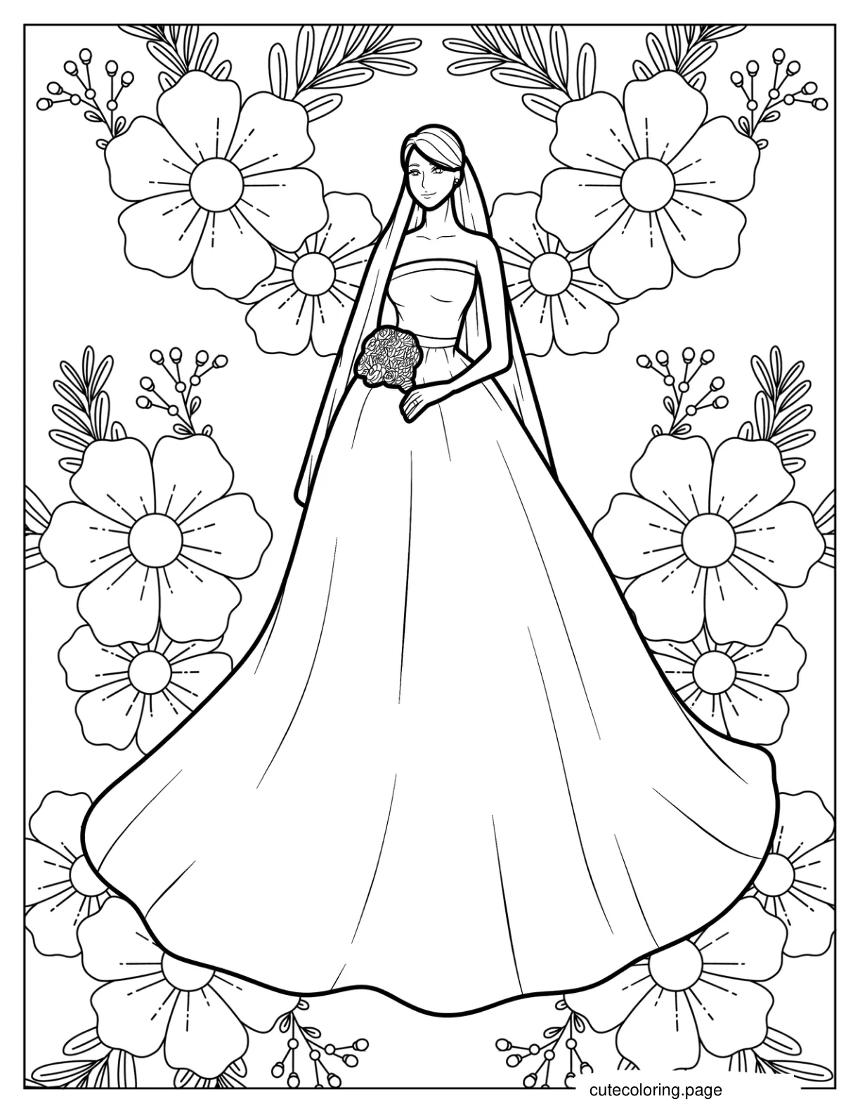 Bride In Fashionable Princess Style Wedding Gown coloring page