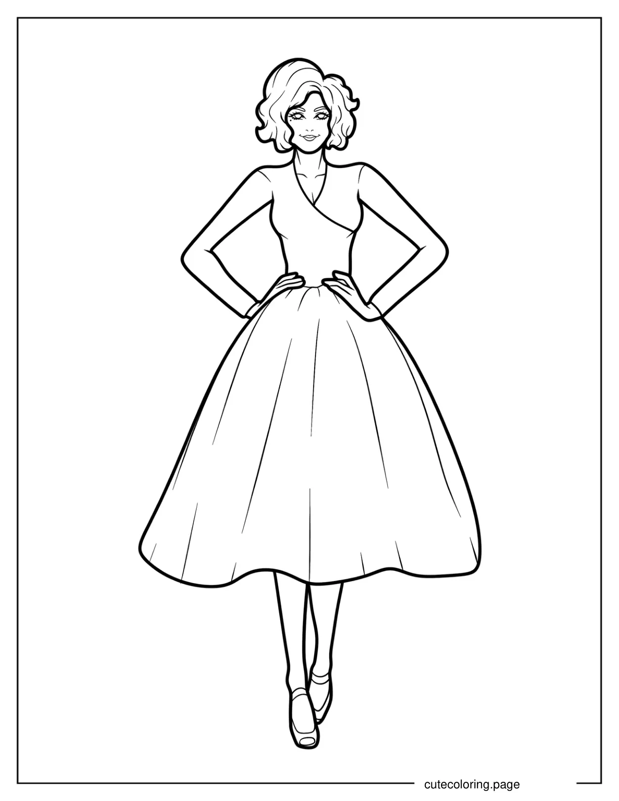 Easy Outline Of Woman In Midi Dress With Flare Skirt Coloring Page coloring page