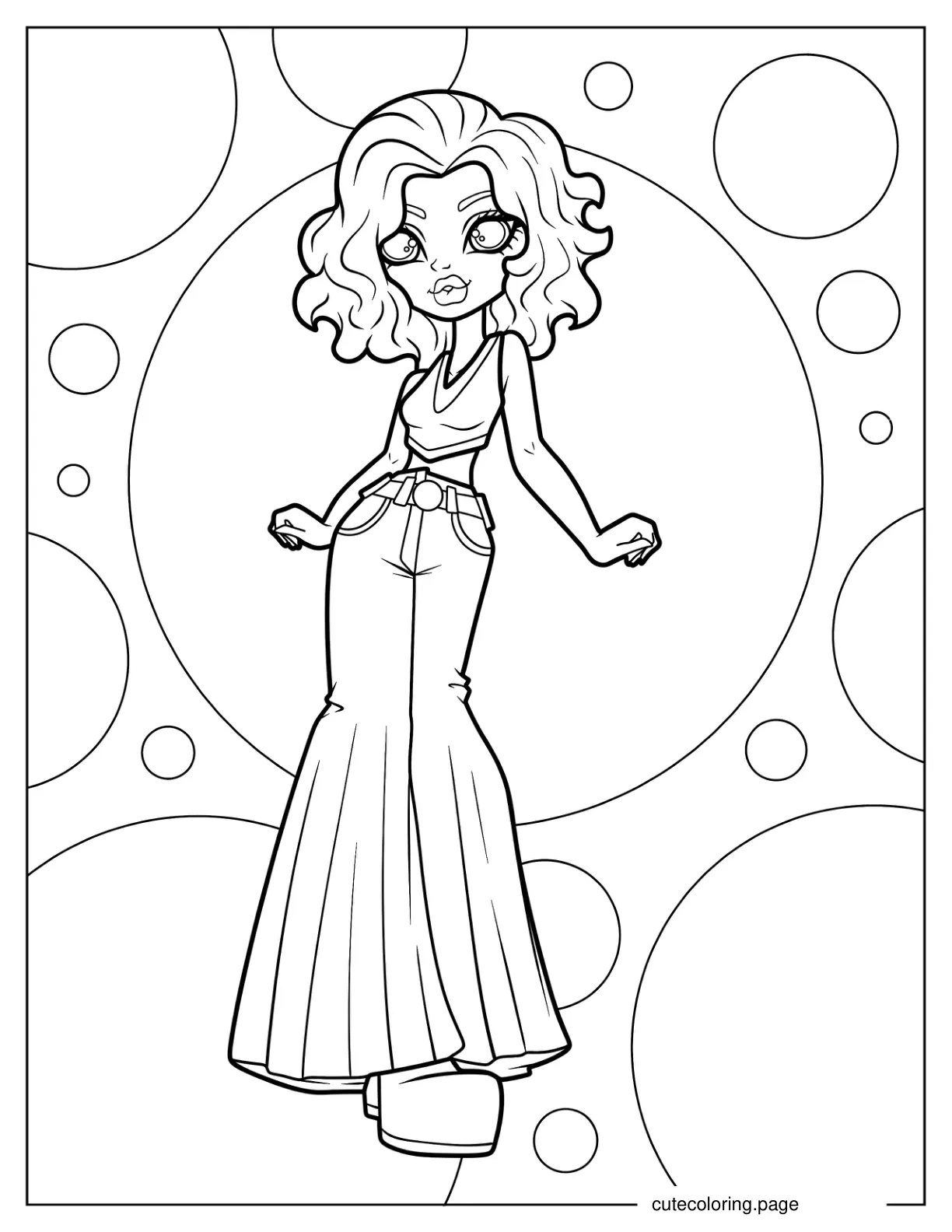 Fashion Doll In Crop Top Flare Pants And Platforms Coloring Page For Kids coloring page