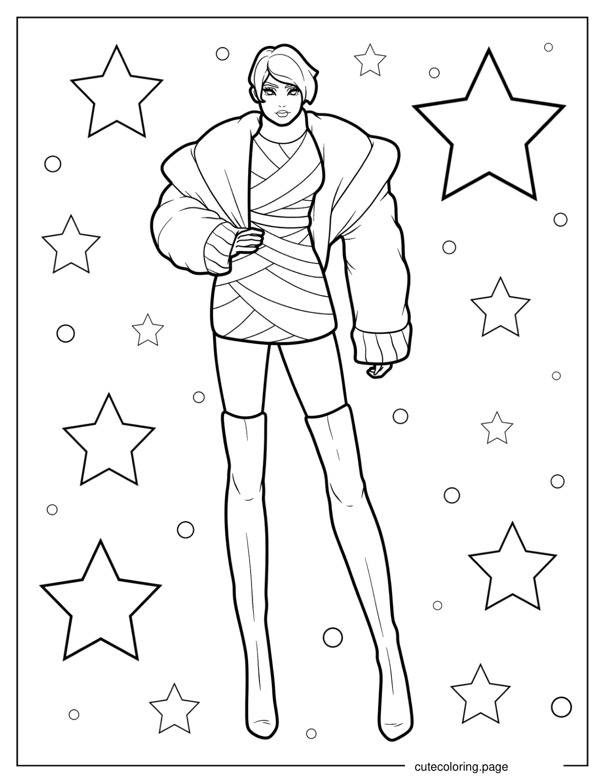 Fashion Model In Mini Dress Puff Jacket And Boots Coloring Page coloring page