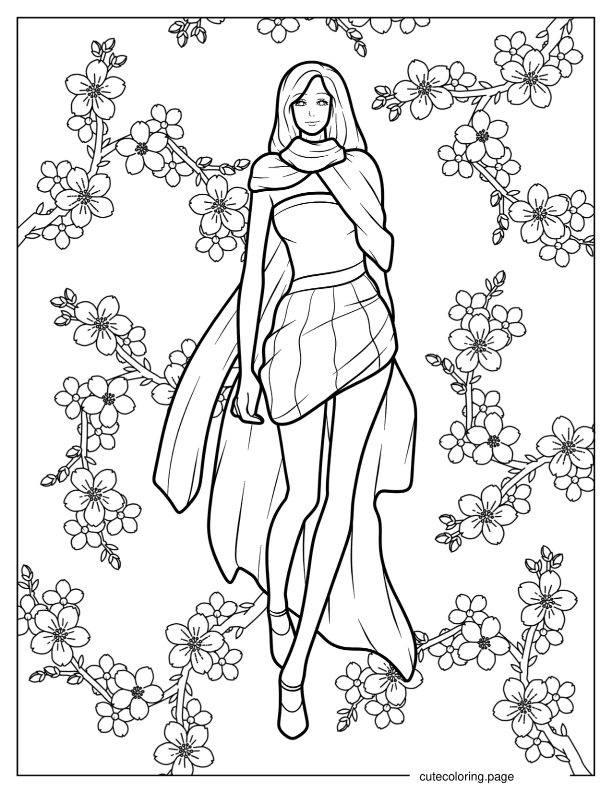 Fashion Model Wearing Short Dress With Trail And Long Scarf coloring page