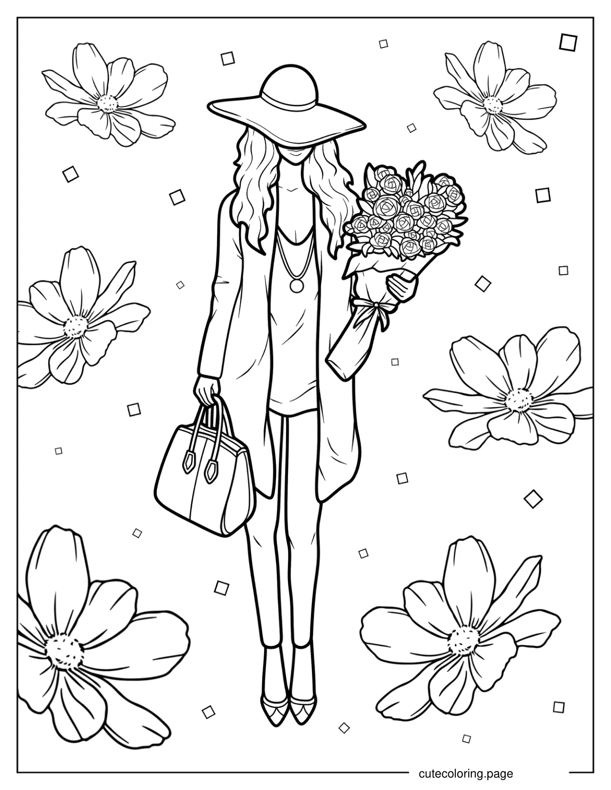 Fashionable Woman In Smart Casual Attire While Holding Bag And Flower Bouquet Coloring Page coloring page