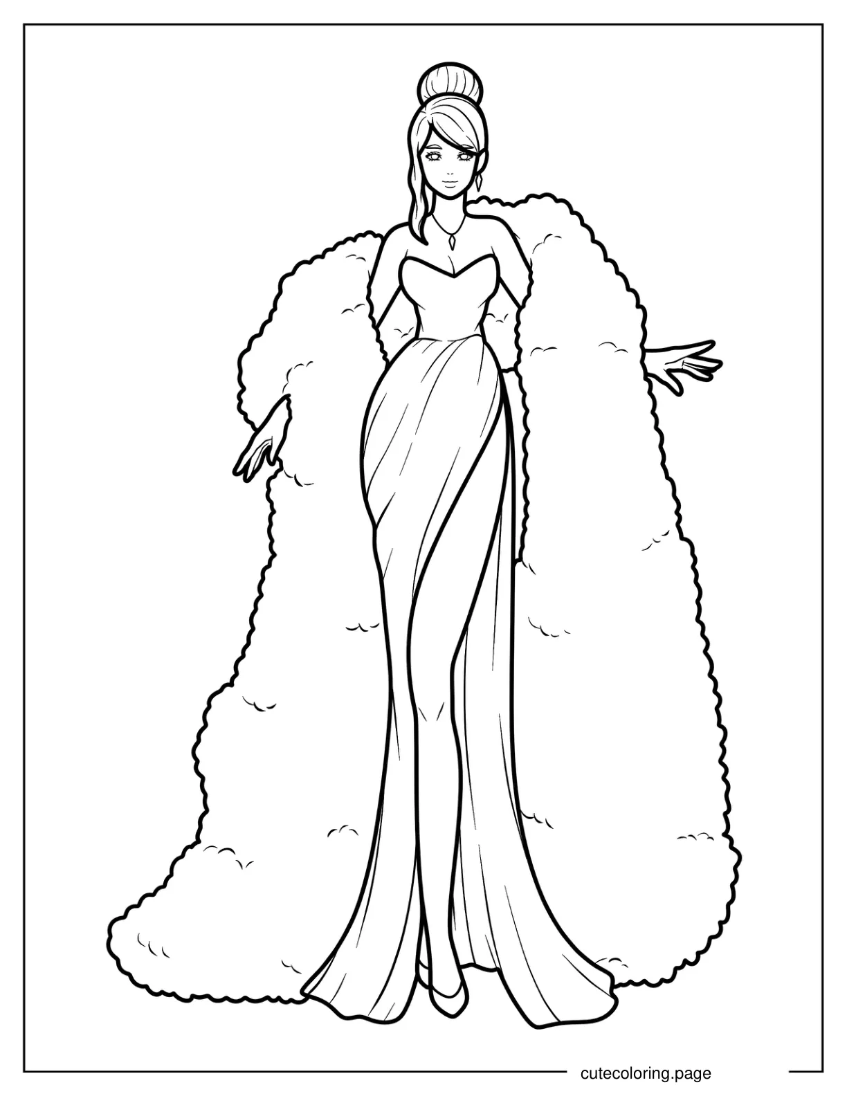 Fashionable Woman Wearing Gown With High Slit And Fur Shawl coloring page