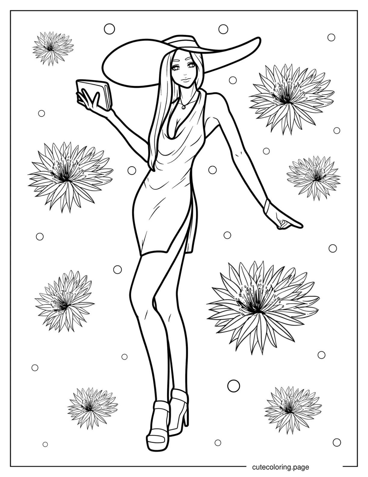 Fashionista In Large Hat Plunging Neckline Dress And Heels Coloring Page coloring page