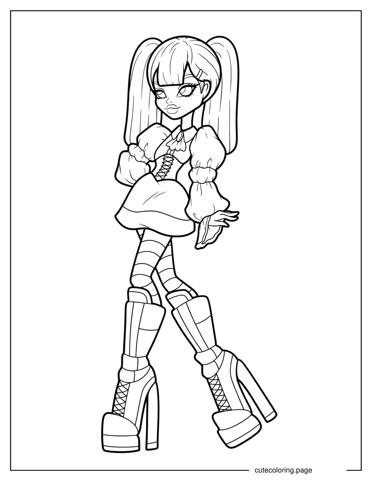 Girl In Lolita Dress Striped Tights And Lacy Boots Coloring Sheet coloring page